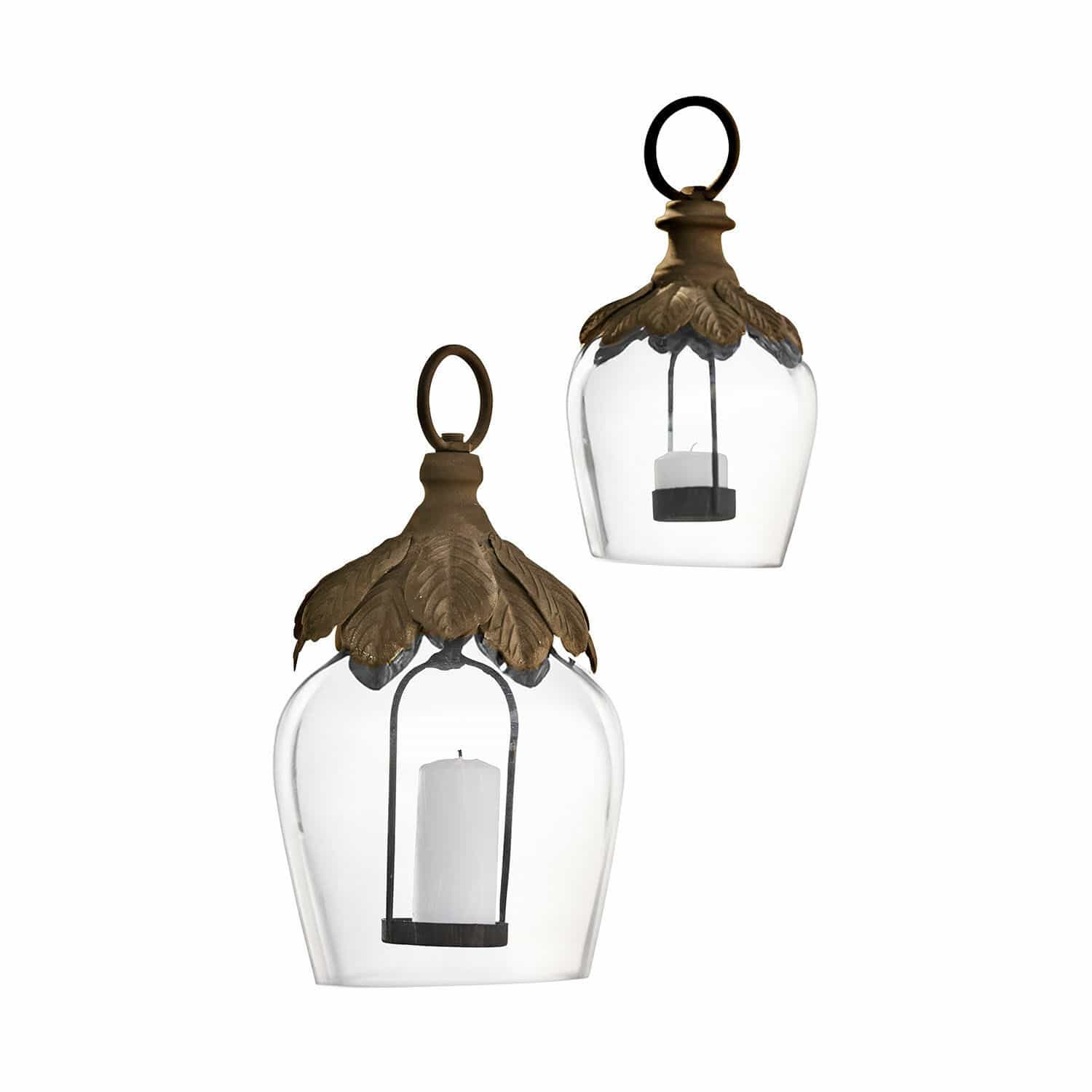 Set de 2 farolillos colgantes Tourillan Linterna de vidrio con vela blanca y corona de hojas de latón, decoración para hogar y jardín