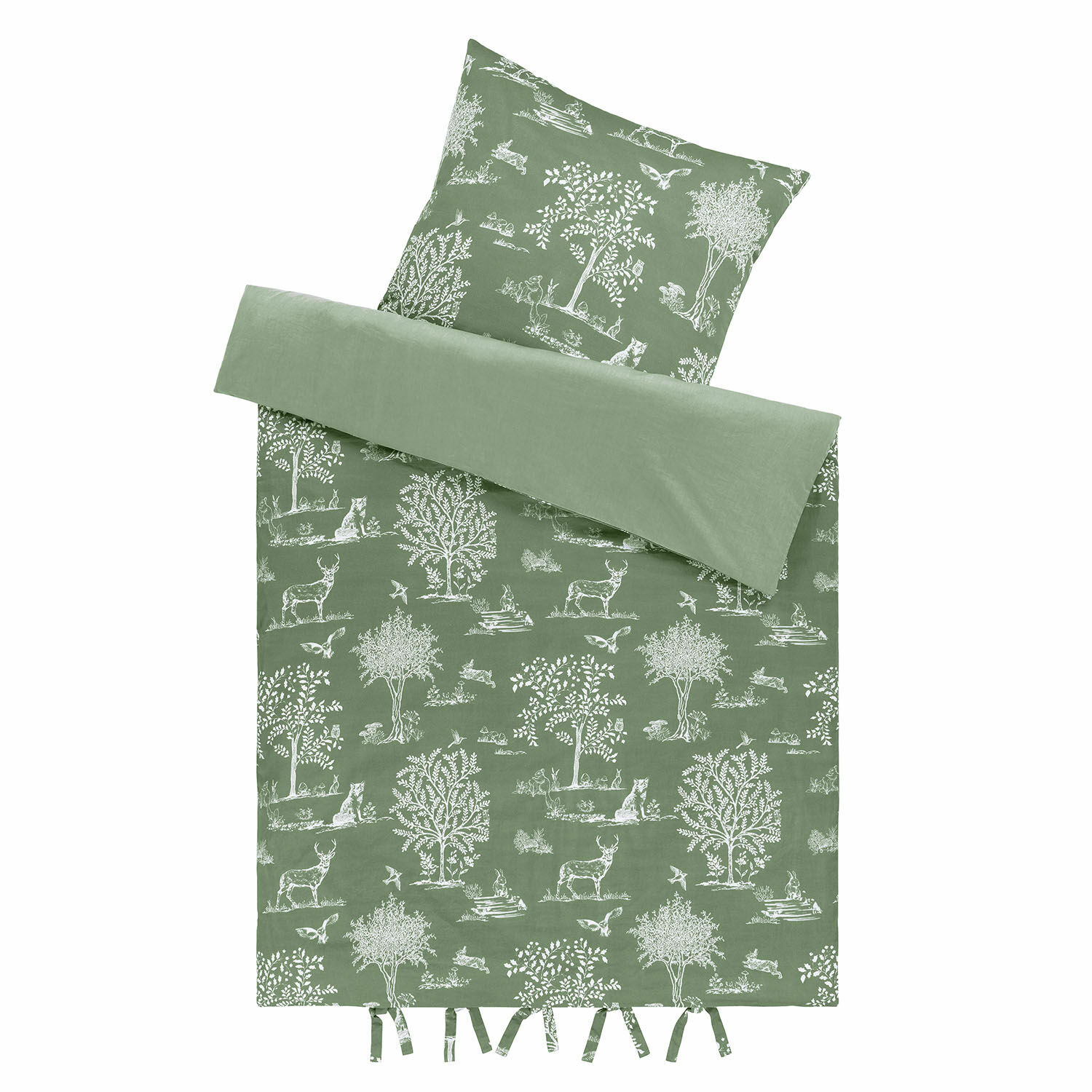 Ropa de cama Tayora Ropa de cama verde de algodón con estampado blanco de árboles y animales del bosque, decorativa y cómoda