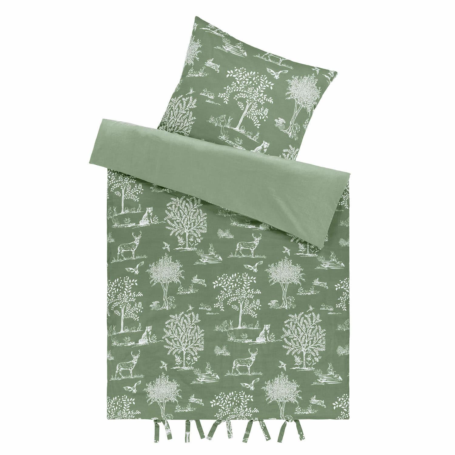 Ropa de cama Tayora Ropa de cama verde de algodón con estampado blanco de árboles y animales del bosque, decorativa y cómoda