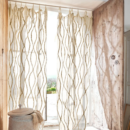 Cortinas transparentes con patrón trenzado beige, decoración natural de ventana estilo bohemio