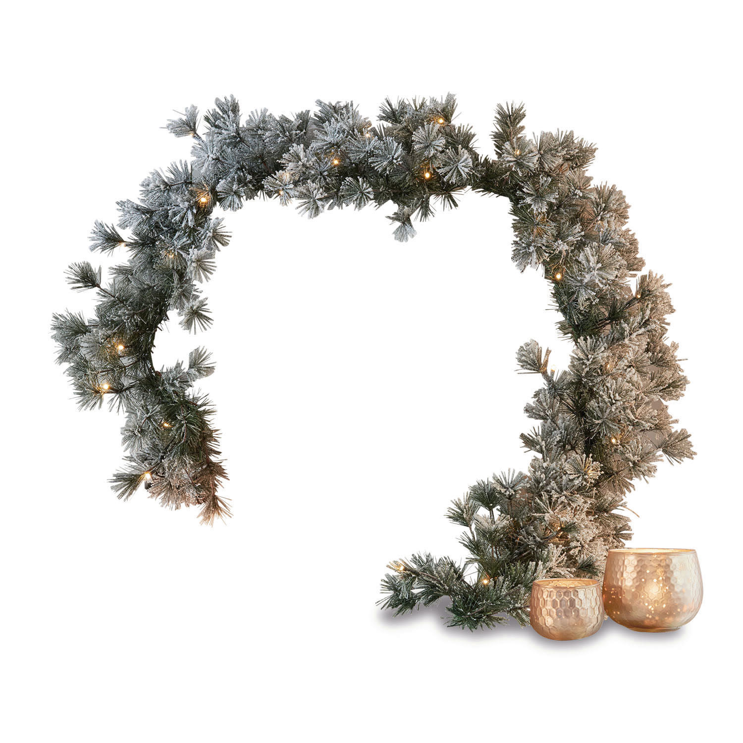 Guirnalda Toni Corona navideña verde con nieve artificial, luces LED y dos portavelas decorativos de cobre