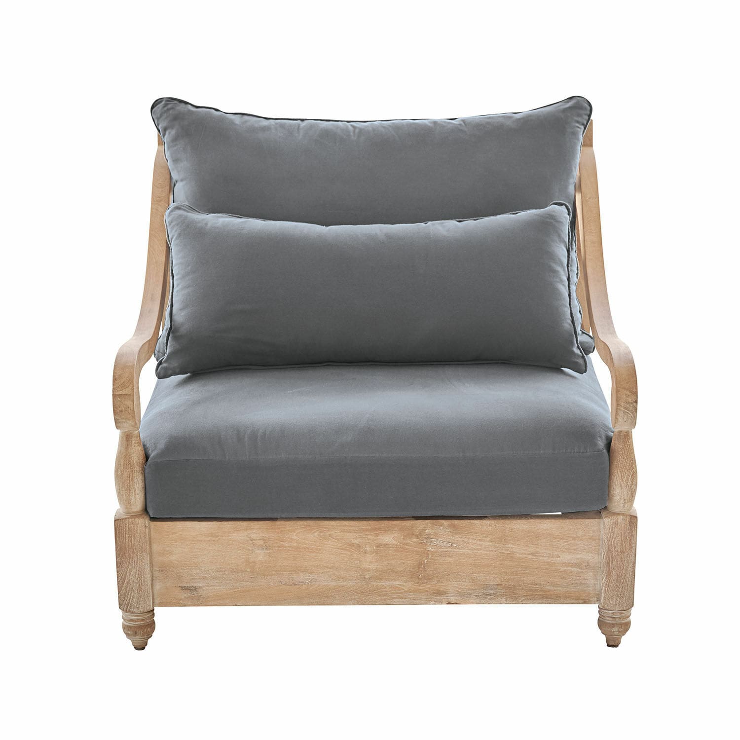 Sillón Montcassin con estructura de madera marrón y cojines grises de tela