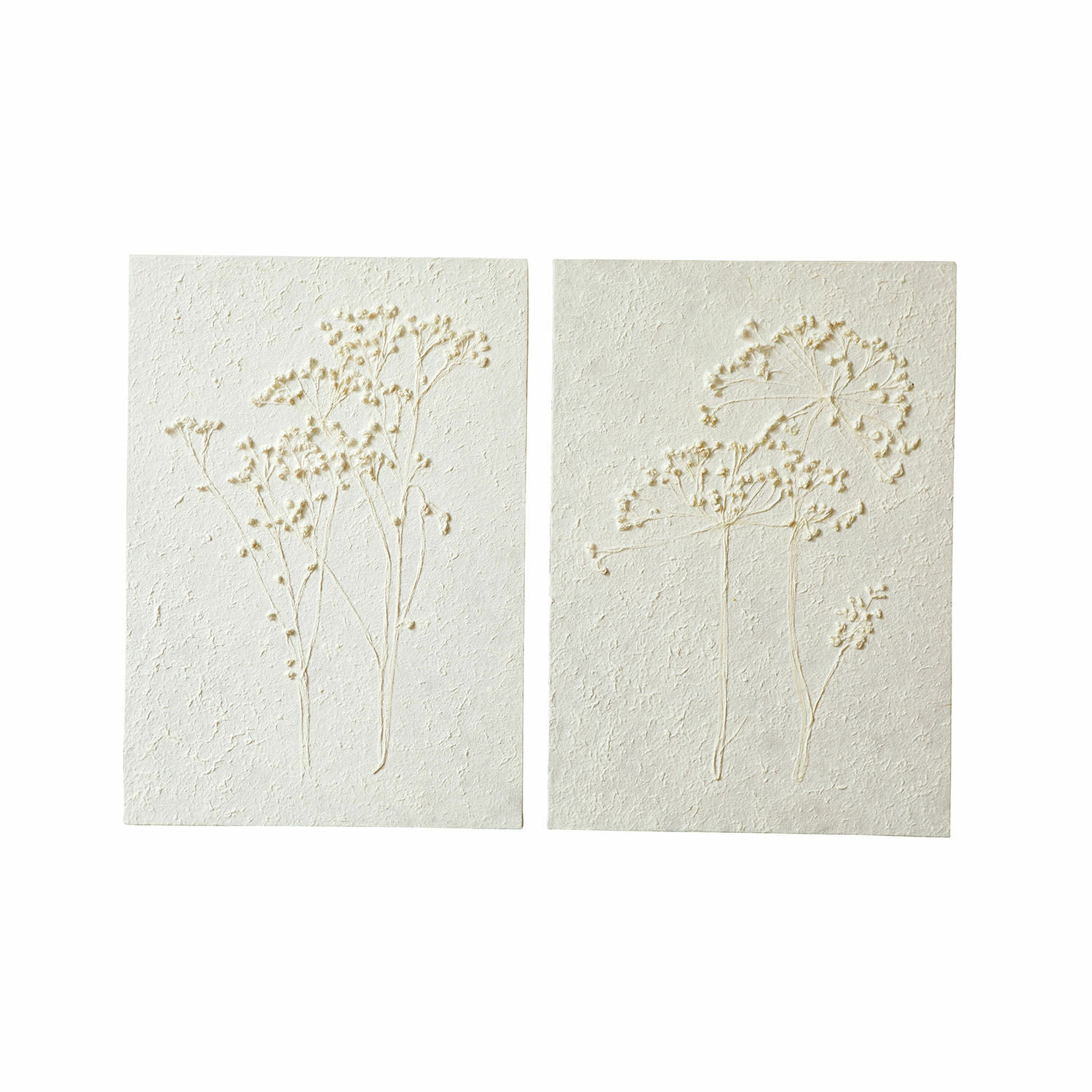 Set de 2 cuadros Tiloren Conjunto de dos decoraciones de pared blancas con relieve vegetal en material natural para salón
