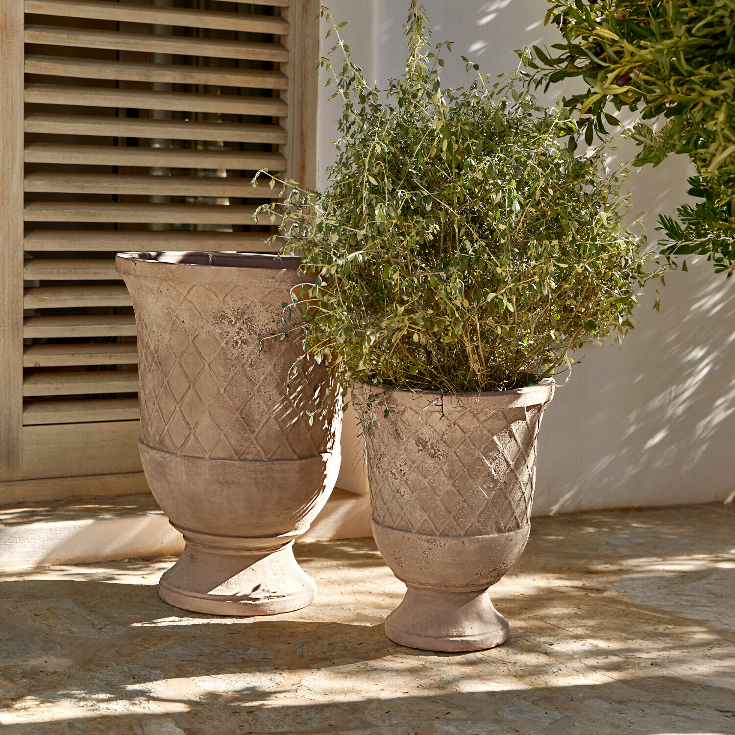 Set de 2 macetas Kivolex Dos macetas de terracota beige con patrón geométrico, una con planta verde, en terraza soleada