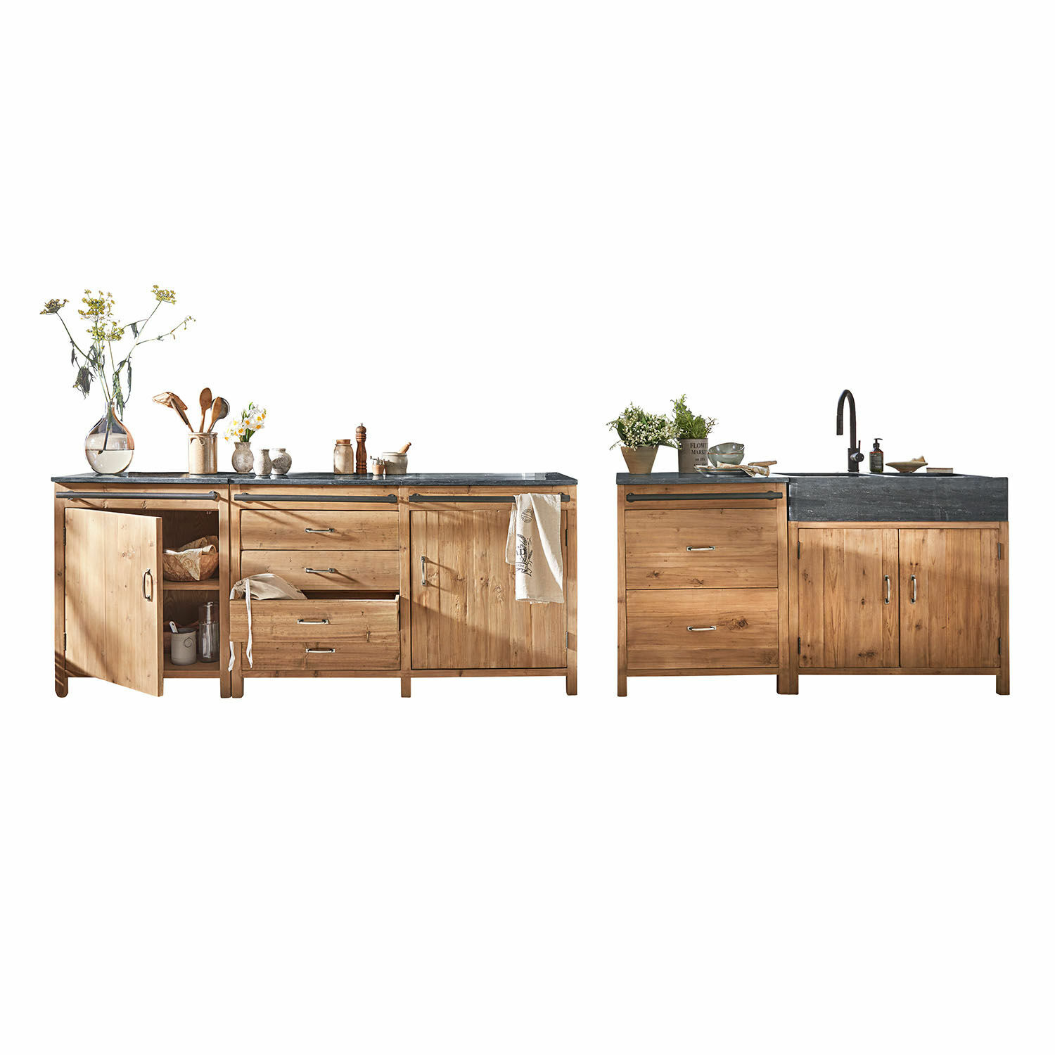 Set de 4 módulos de cocina Sunnybrook Cocina de madera natural con encimera negra y fregadero, armarios y cajones funcionales