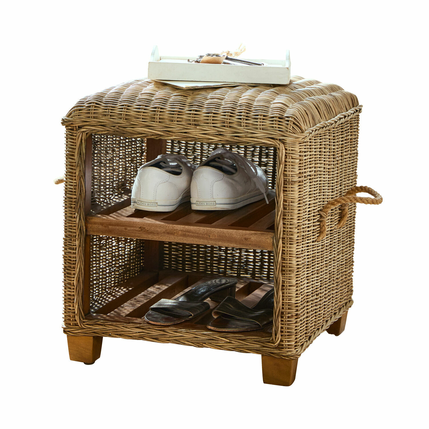 Taburete Merveillette Mueble para zapatos de ratán natural con dos estantes de madera y asas, almacenamiento funcional