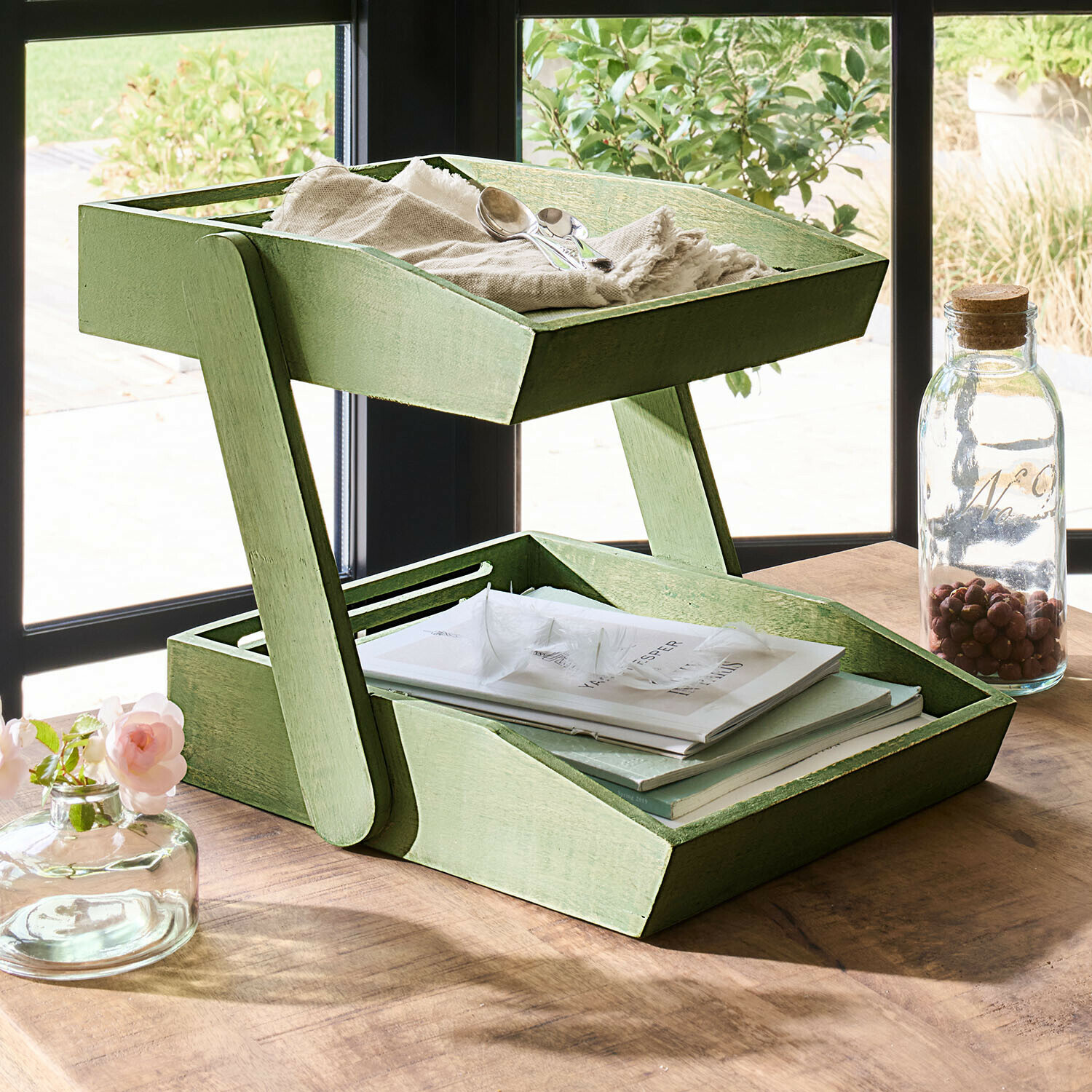 Organizador Shevona Organizador de escritorio de madera verde de dos niveles con libros y cubiertos, almacenamiento práctico