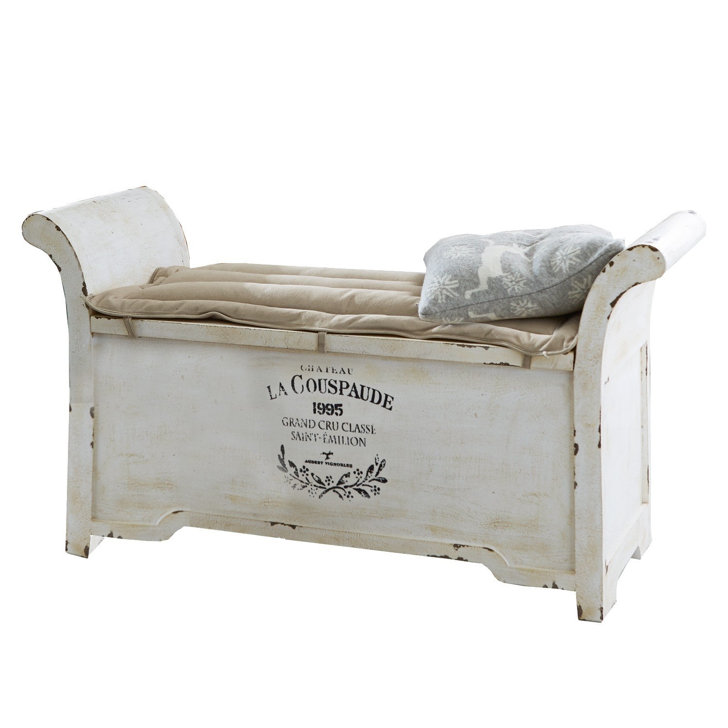 Banco Andance Banco de madera blanca estilo vintage con cojín beige y cojín decorativo gris