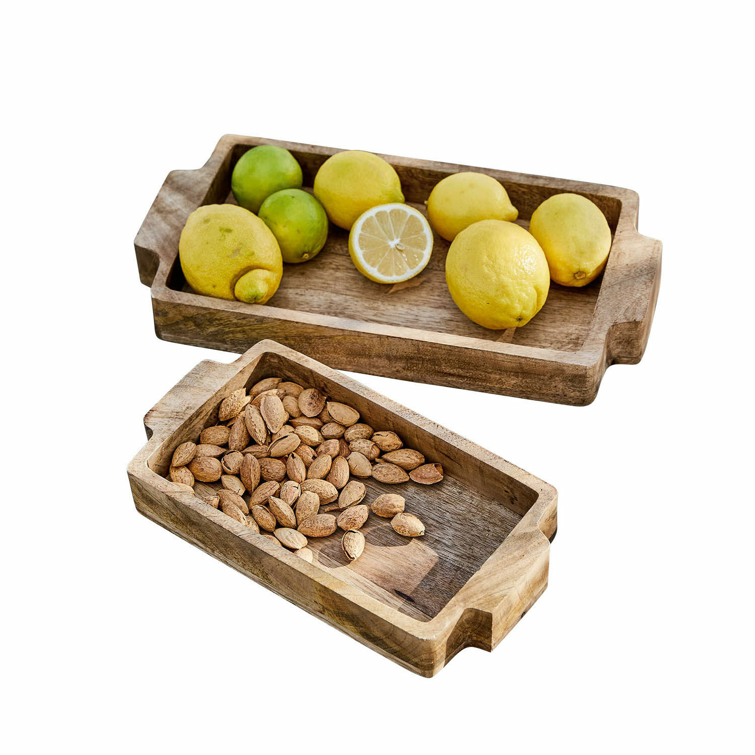 Set de 2 bandejas Buer Bandejas rectangulares de madera con asas, una con limones y otra con almendras, color natural