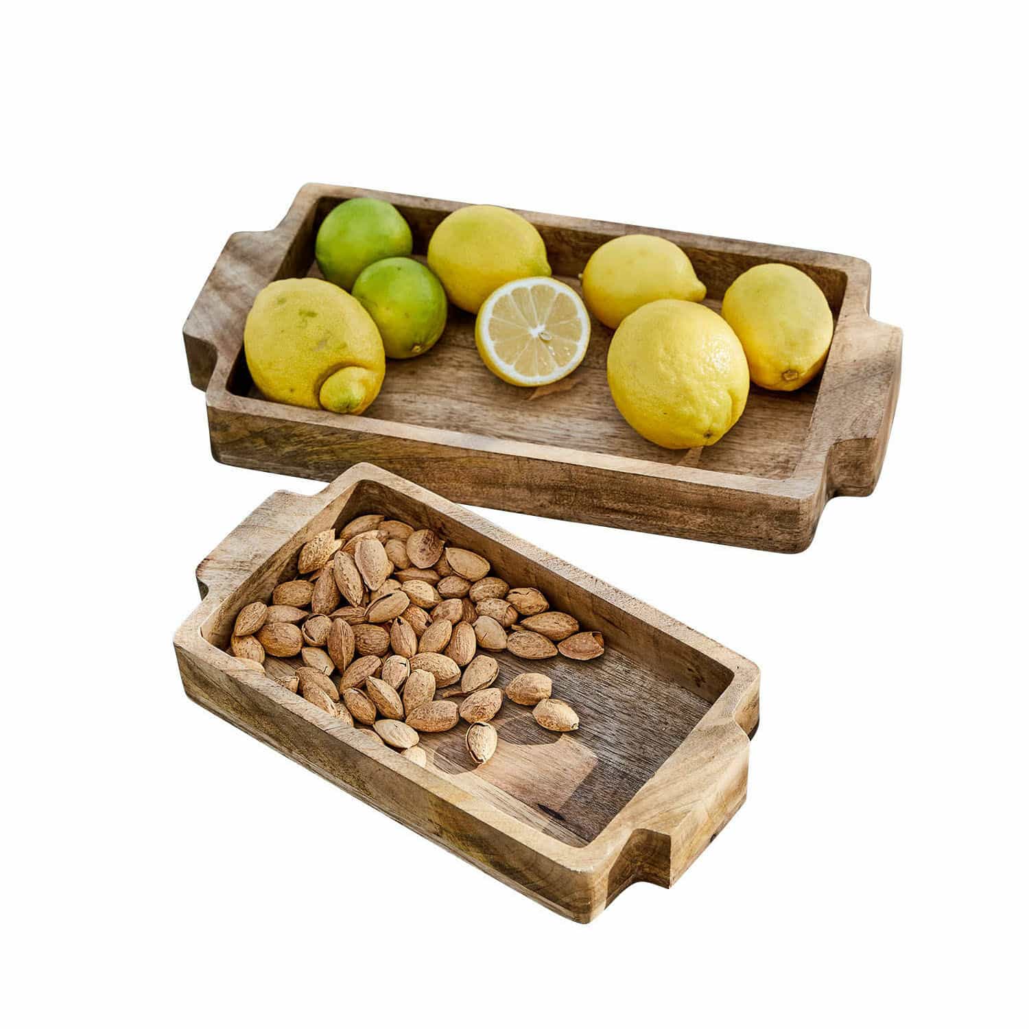 Set de 2 bandejas Buer Bandejas rectangulares de madera con asas, una con limones y otra con almendras, color natural