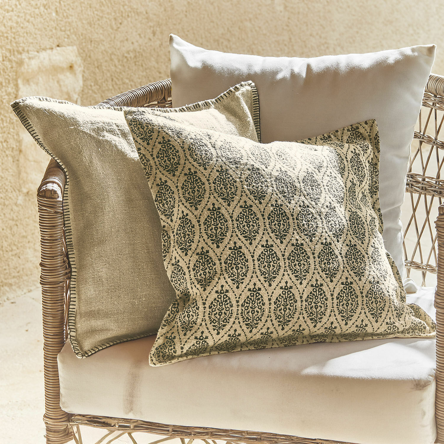 Set de 2 fundas de cojín Ysolde Conjunto de tres cojines decorativos de algodón y lino en tonos beige natural para sala