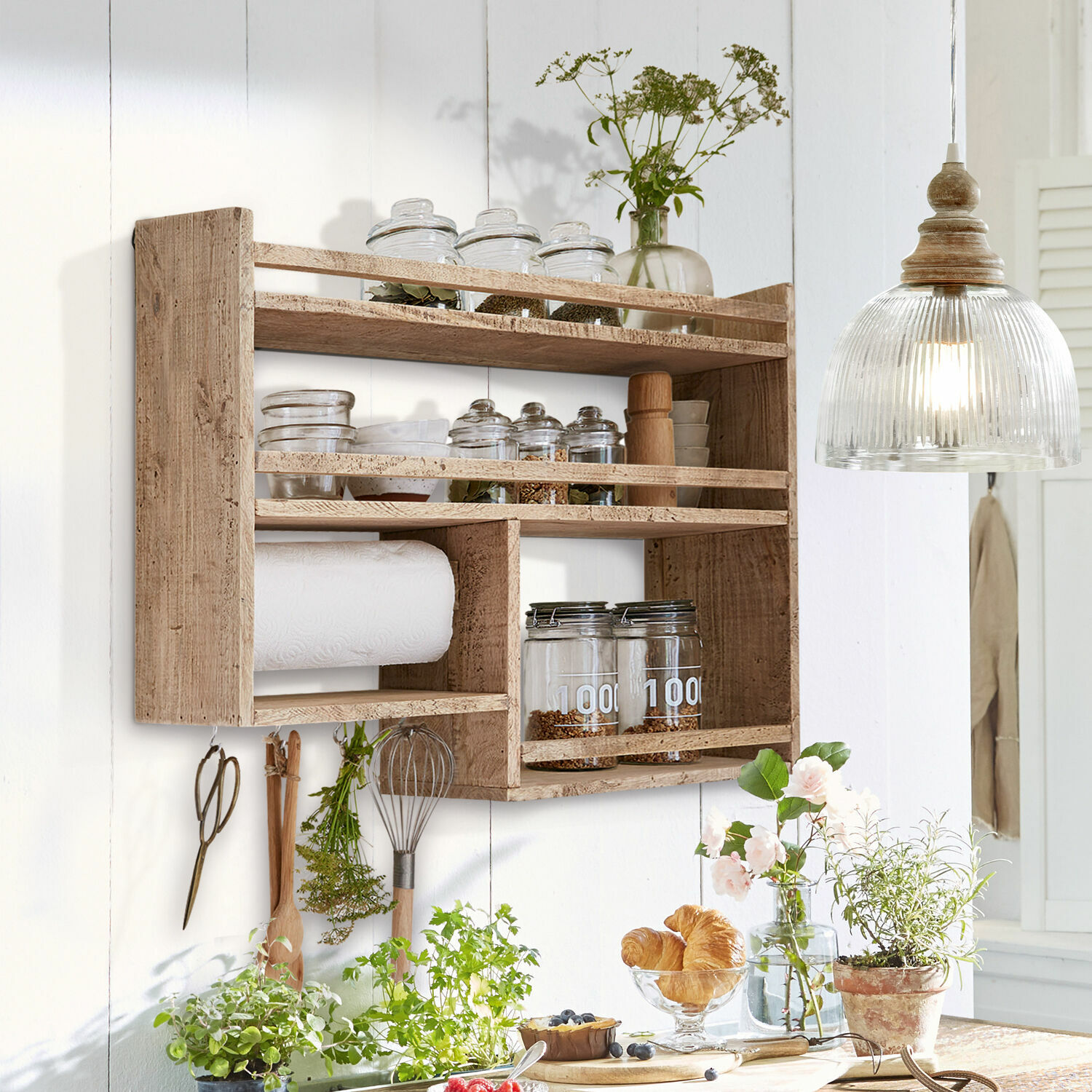 Especiero Loré Estante de pared rústico de madera con espacio para especias y soporte para papel de cocina
