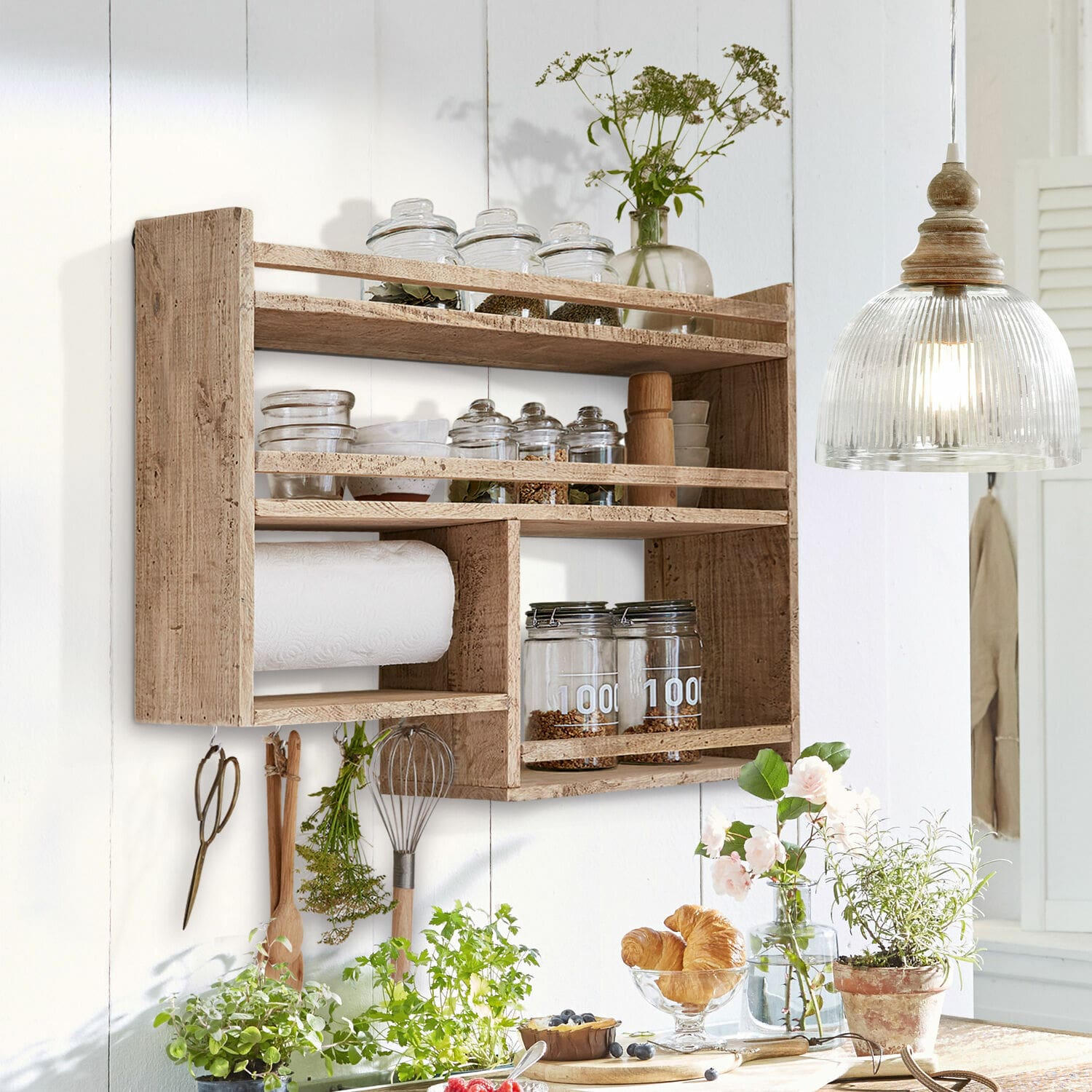 Especiero Loré Estante de pared rústico de madera con espacio para especias y soporte para papel de cocina