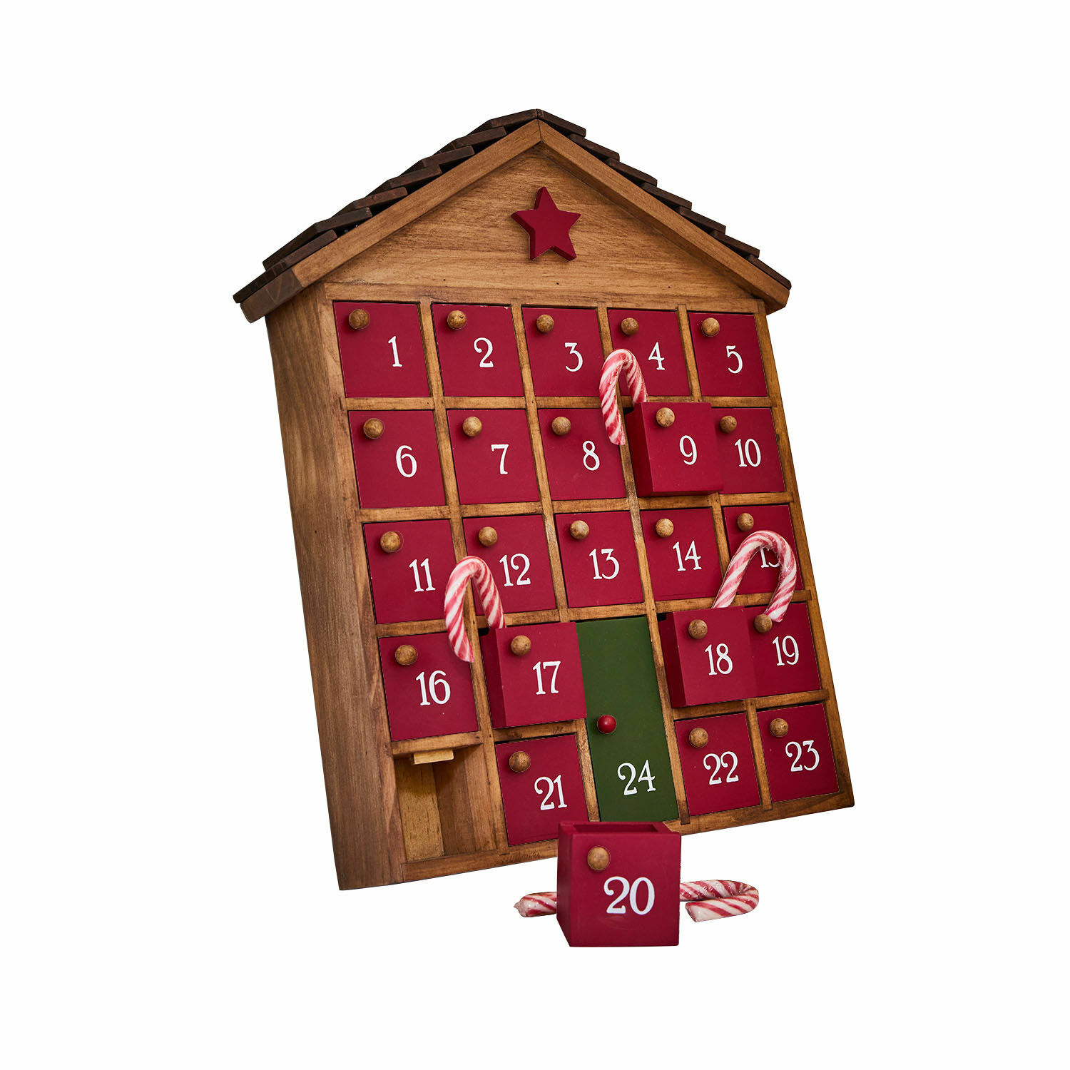 Calendario de Adviento Zanari Calendario de adviento de madera en forma de casa con puertas rojas y puerta verde número 24