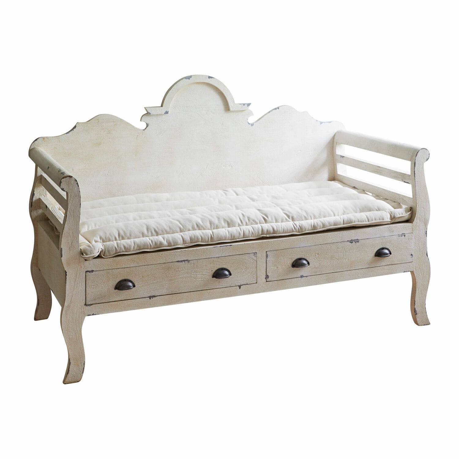 Banco Cecil Banco de madera blanca con cojín y dos cajones de almacenamiento, estilo vintage clásico