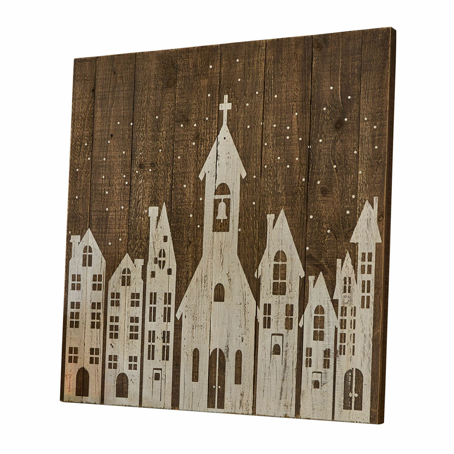 Tablero decorativo Luce Decoración de pared de madera con motivo blanco de casas e iglesia sobre fondo oscuro, adorno navideño
