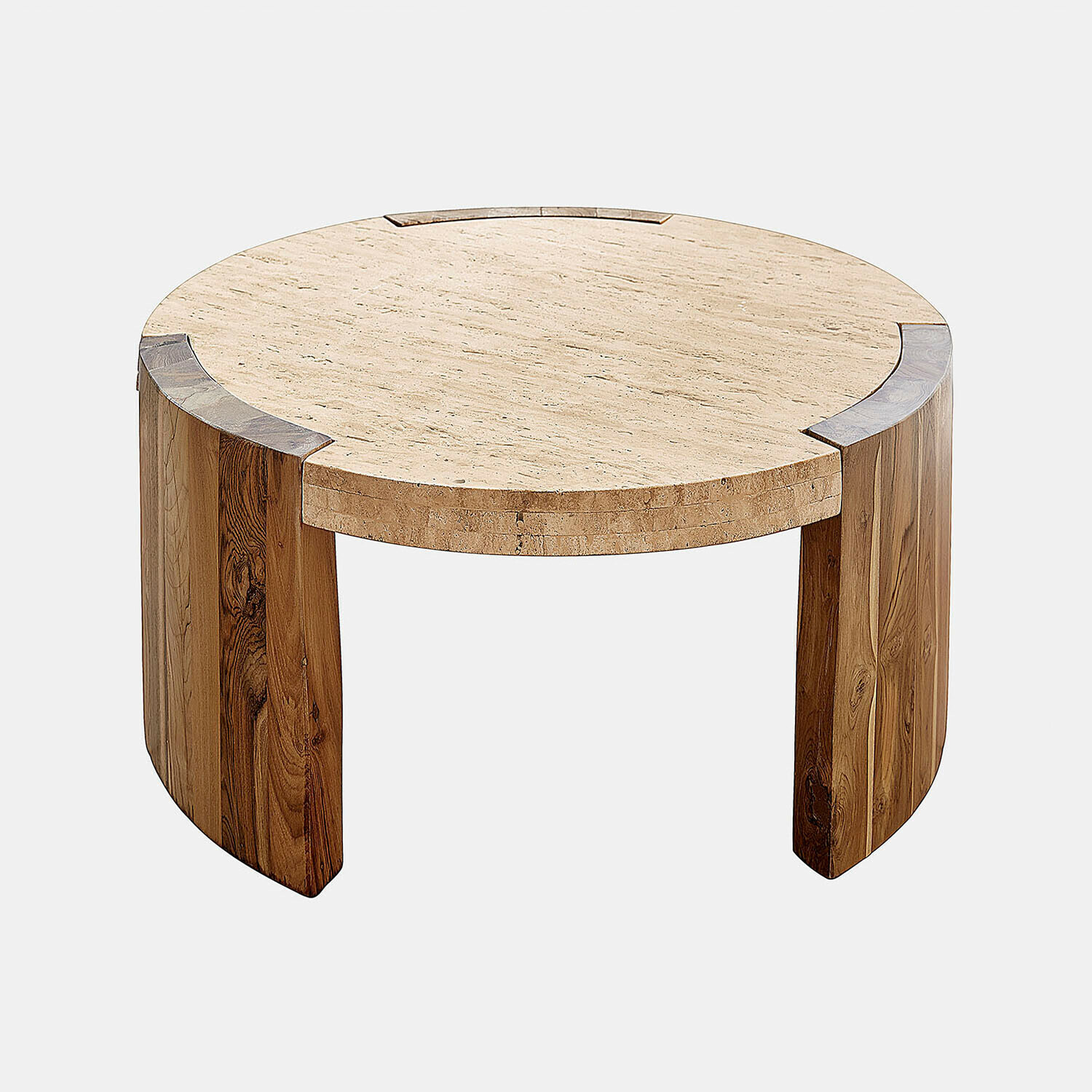 Mesa de centro redonda de mármol claro y madera natural con diseño moderno y elegante
