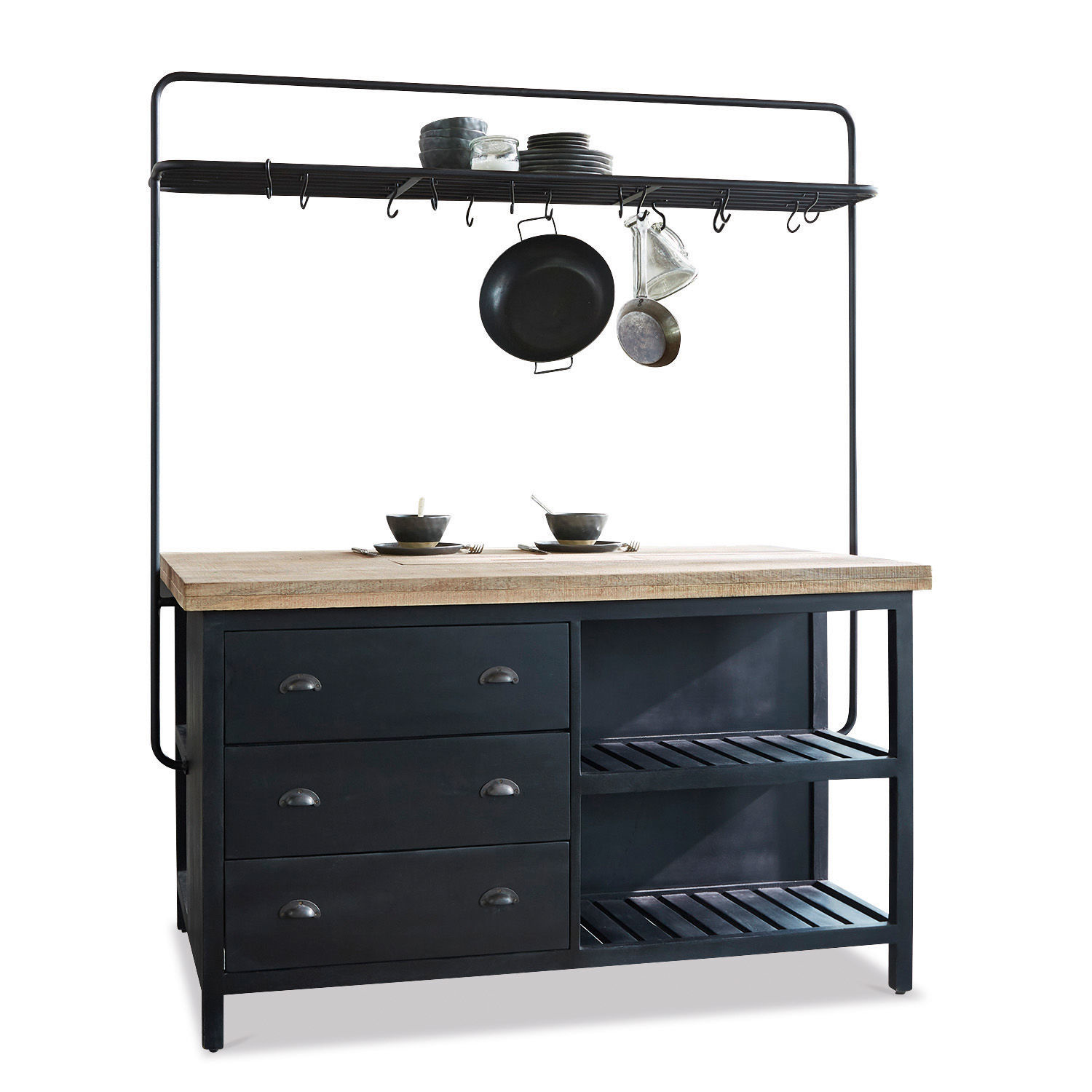 Mueble de cocina Anett Isla de cocina negra de metal con encimera de madera y estantes para almacenamiento de vajilla
