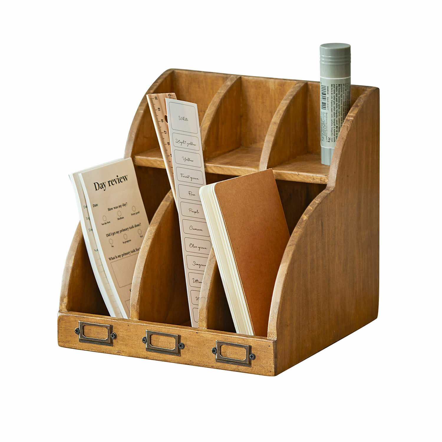 Organizador Vetralla Organizador de escritorio de madera natural con tres compartimentos para documentos y útiles de oficina
