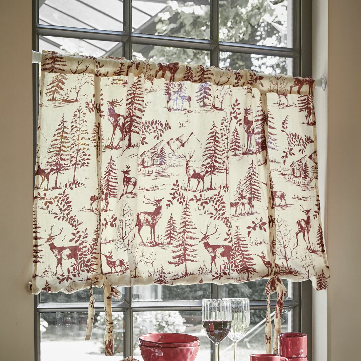 Visillo Sundraen Cortina de algodón color crema con estampado rojo de ciervos y árboles, decoración rústica para ventana de cocina