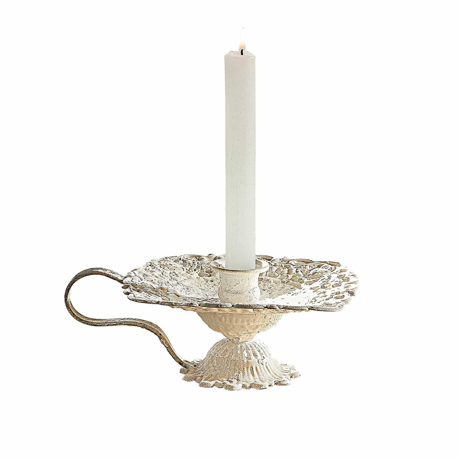 Candelero de metal estilo vintage color crema con vela blanca, accesorio decorativo para interiores