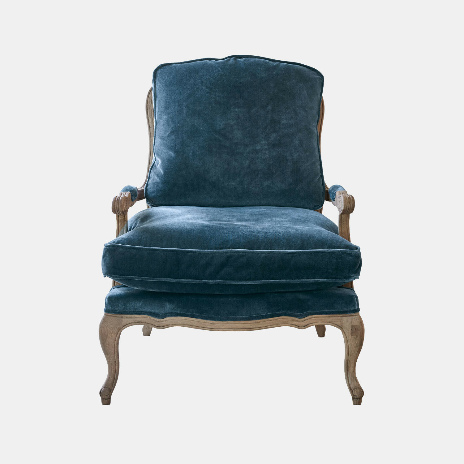 azul/marrón Sillón Corlay con tapizado de terciopelo azul y estructura de madera marrón, estilo clásico