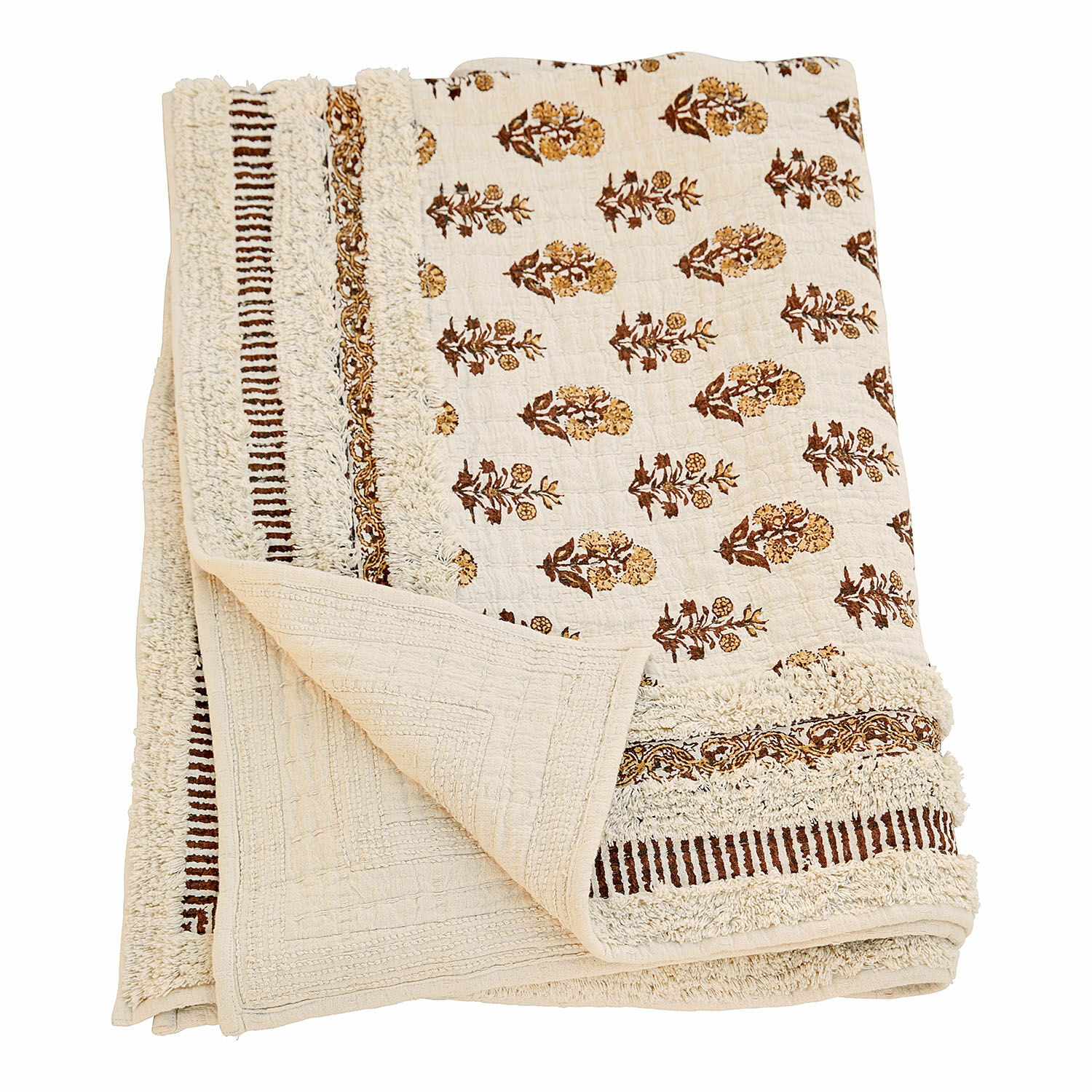 Colcha Arsalan Manta de algodón crema con diseño floral marrón y flecos decorativos, textil para el hogar