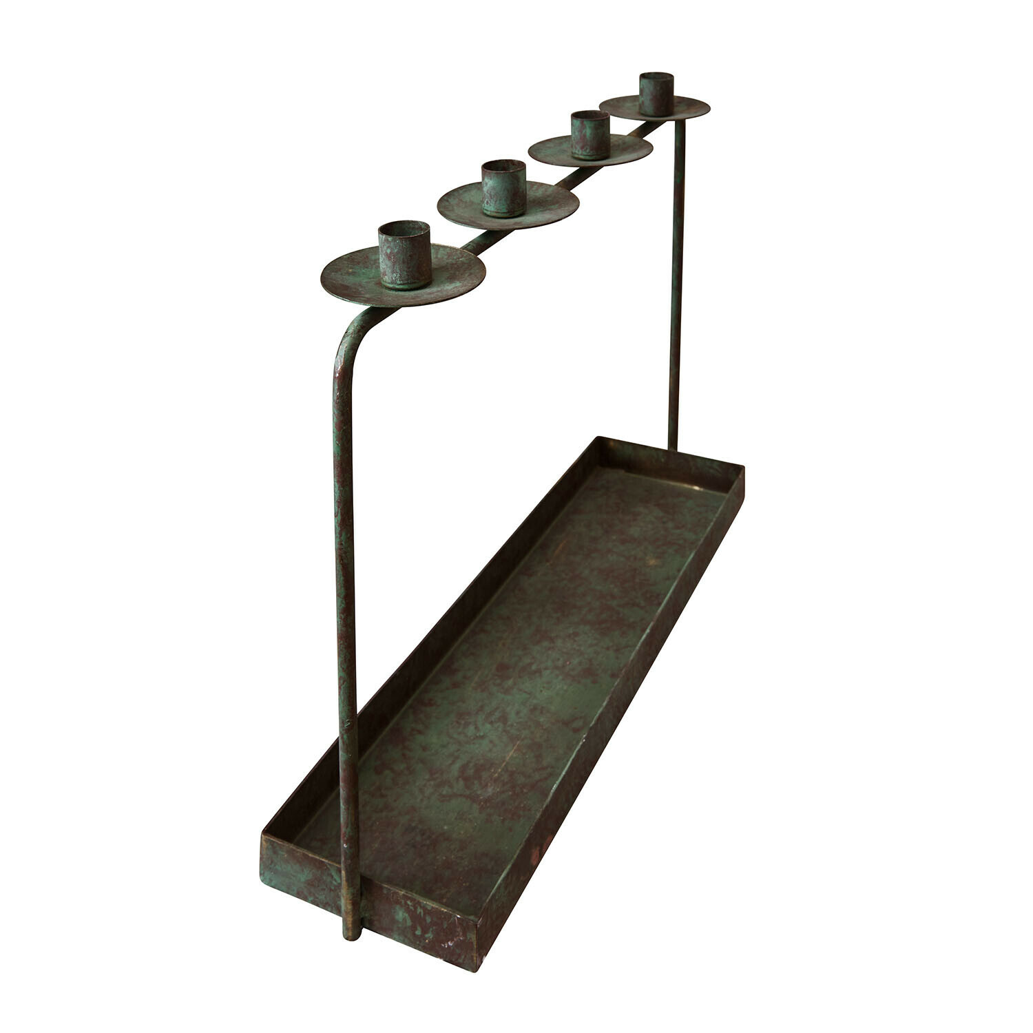 Portavelas Valenzas Candelabro metálico verde envejecido con cinco portavelas y bandeja rectangular