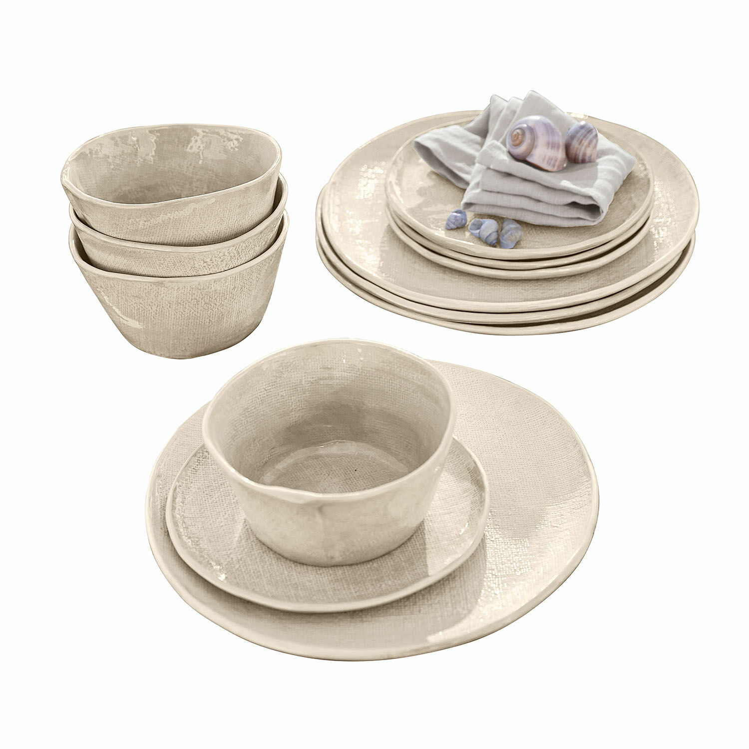 Vajilla de 12 piezas Luganville Juego de vajilla de cerámica beige con platos y cuencos de textura rústica para comedor