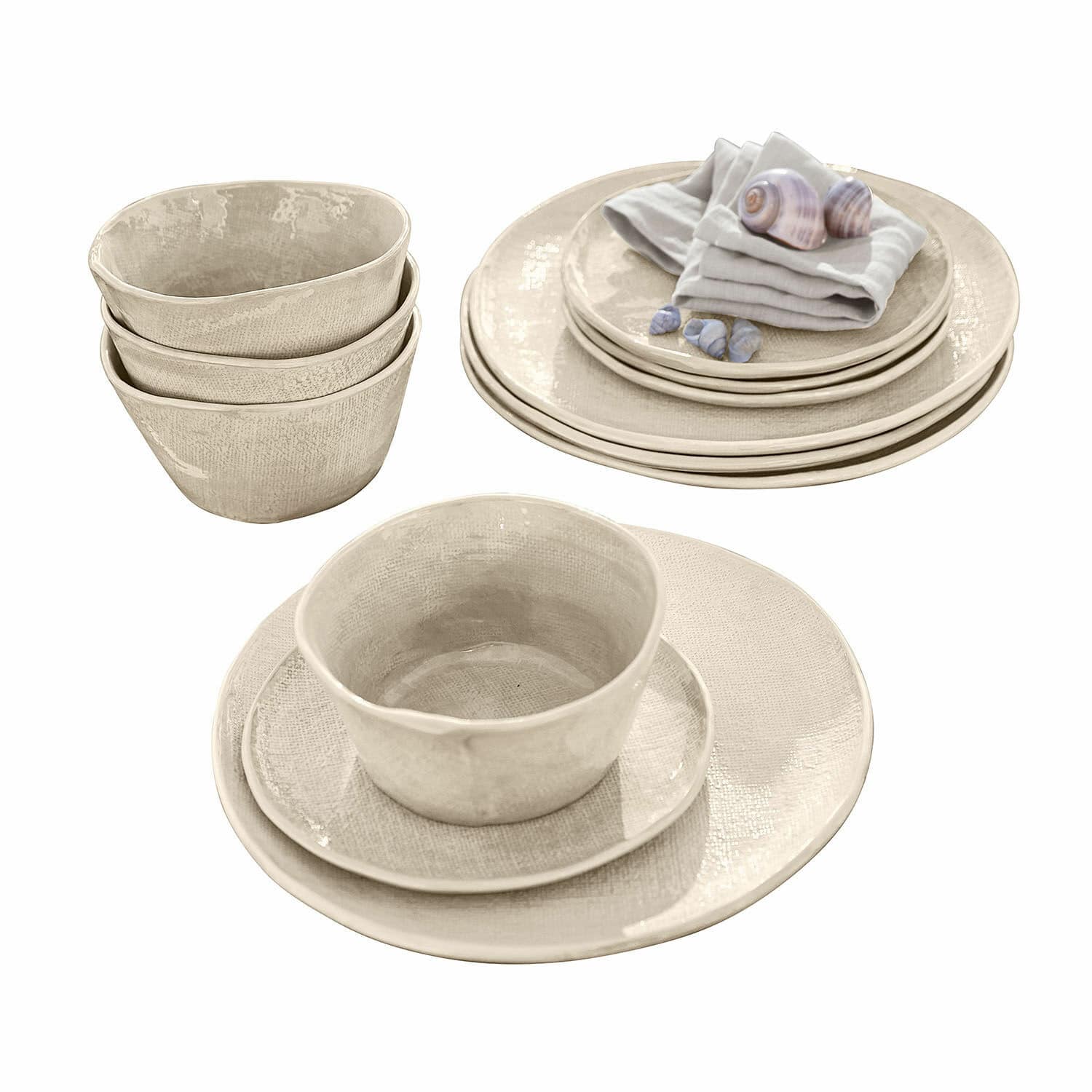 Vajilla de 12 piezas Luganville Juego de vajilla de cerámica beige con platos y cuencos de textura rústica para comedor