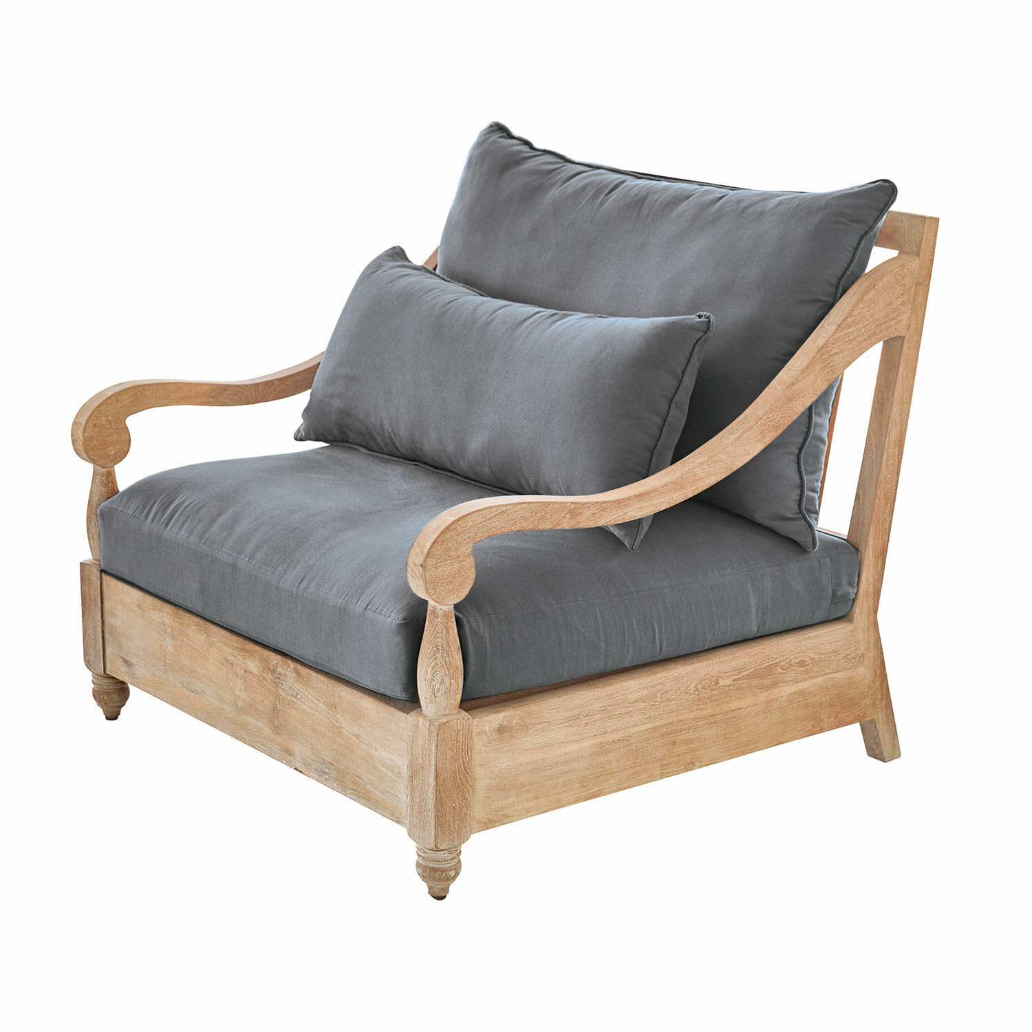 Sillón Montcassin Sillón de madera clara con cojines grises de tela, mueble cómodo para salón