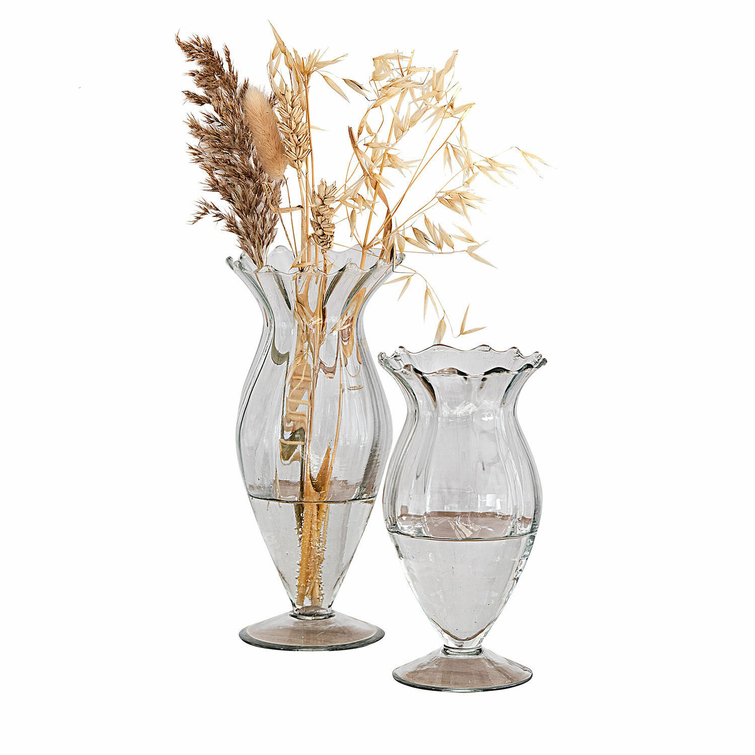 Set de 2 jarrones Deniélou Conjunto de dos jarrones de vidrio transparente con borde ondulado y hierbas secas decorativas