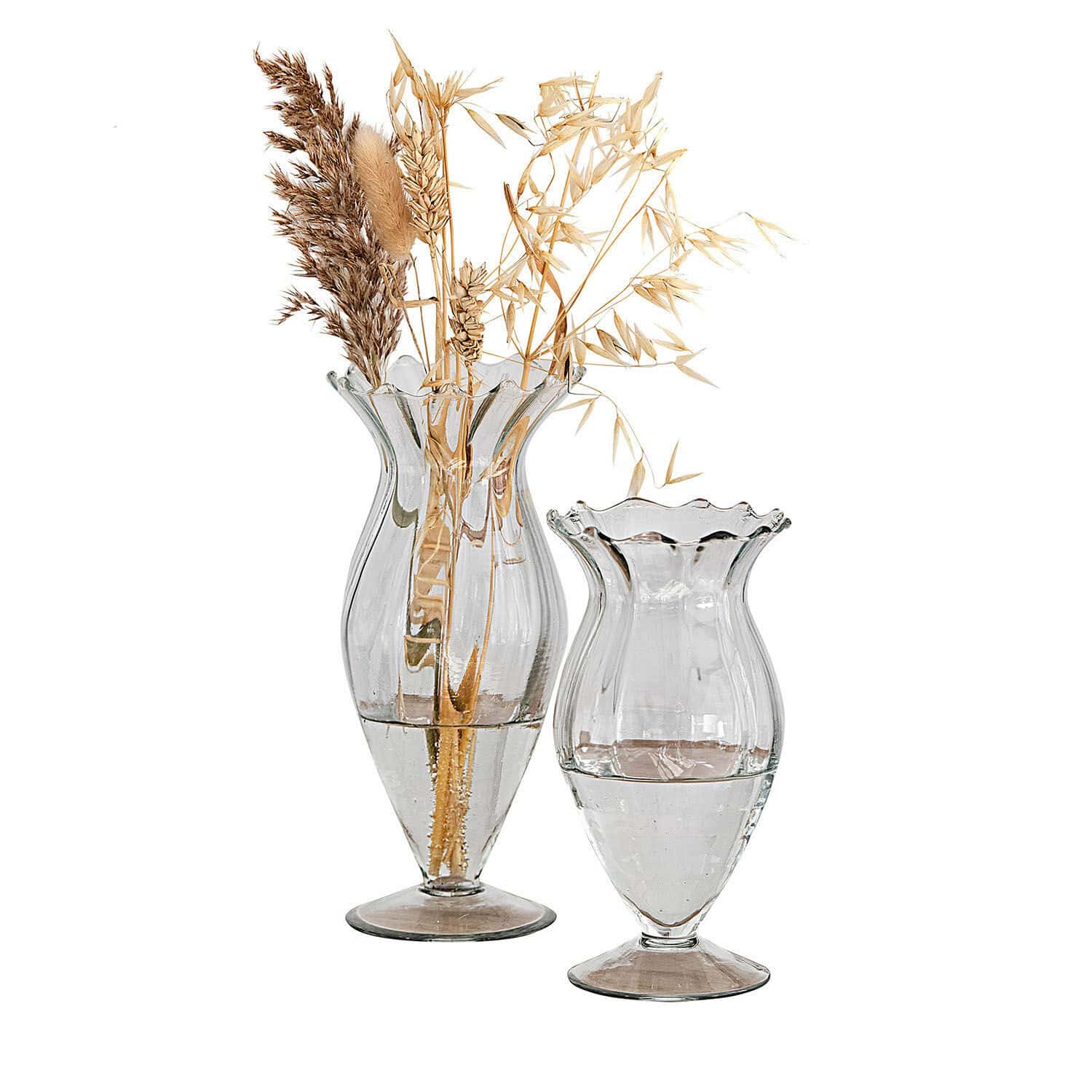 Set de 2 jarrones Deniélou Conjunto de dos jarrones de vidrio transparente con borde ondulado y hierbas secas decorativas
