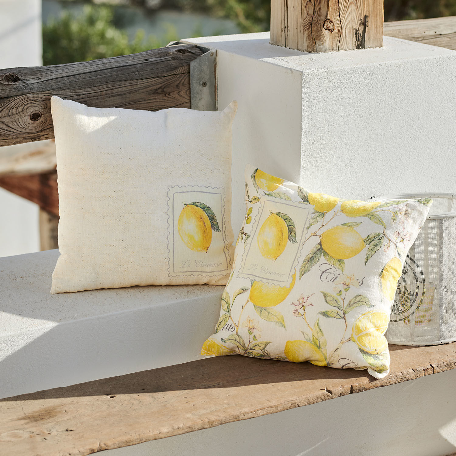Set de 2 fundas de cojín Lantagenet Cojines decorativos de algodón crema con estampado de limones para interiores y jardines