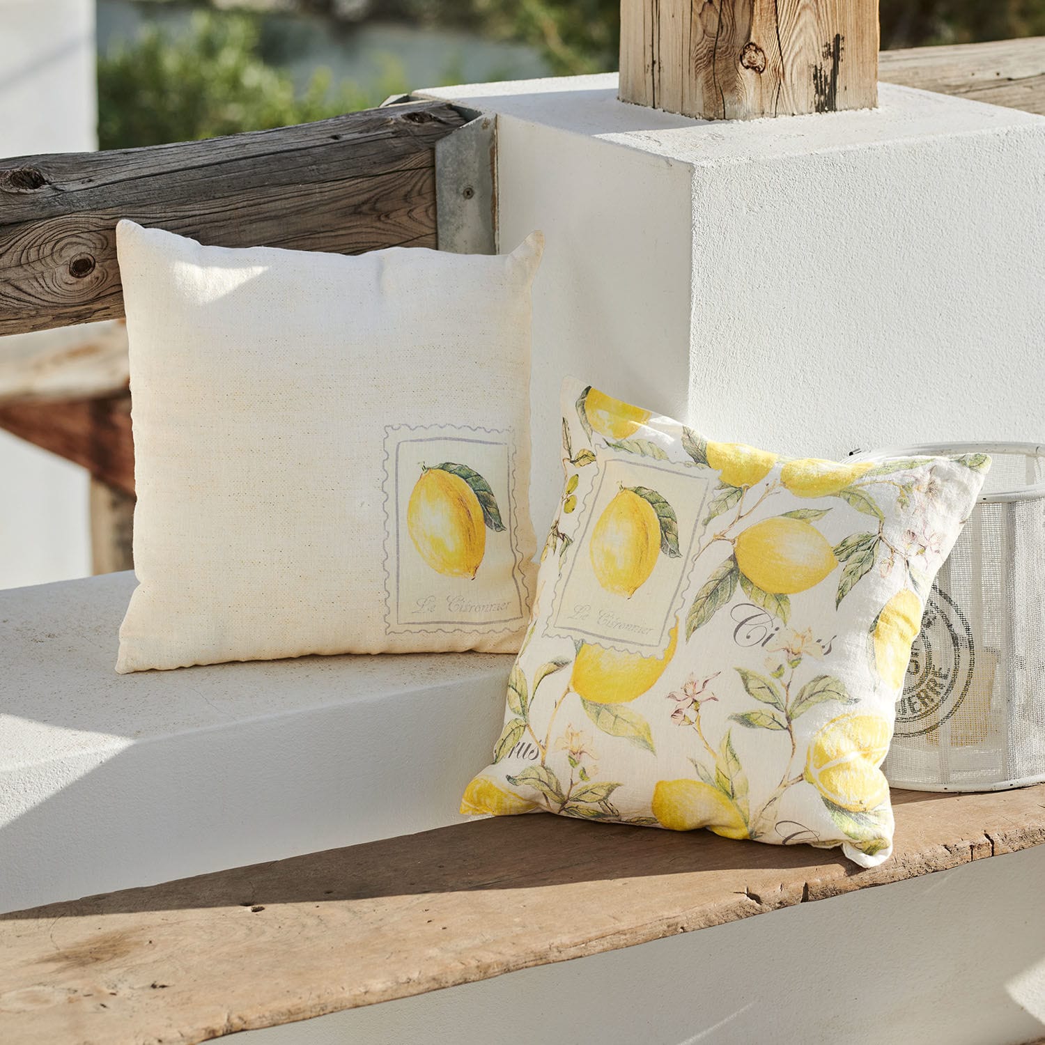 Set de 2 fundas de cojín Lantagenet Cojines decorativos de algodón crema con estampado de limones para interiores y jardines