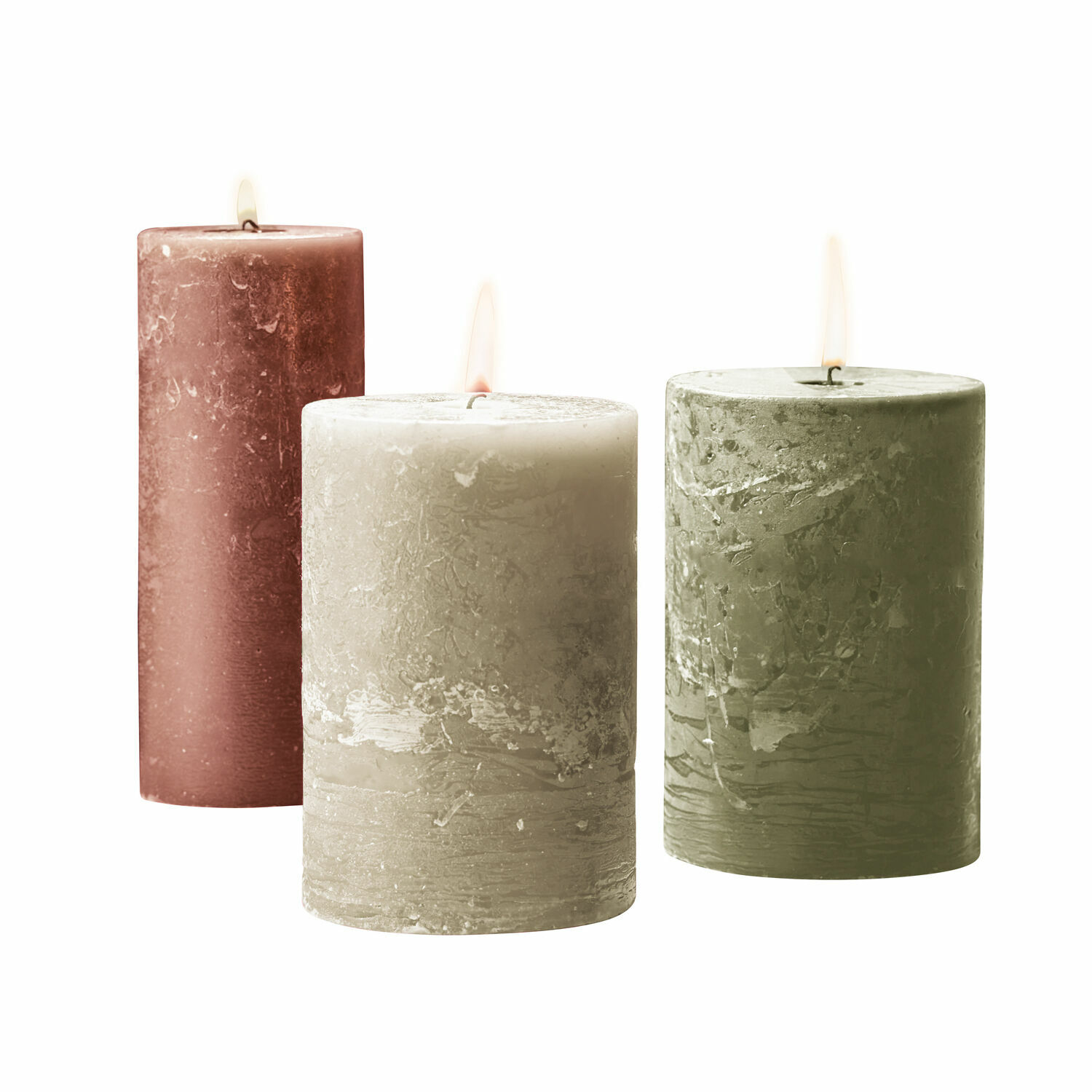 Set de 3 velas Salis de cera natural en naranja, verde y beige para decoración ambiental