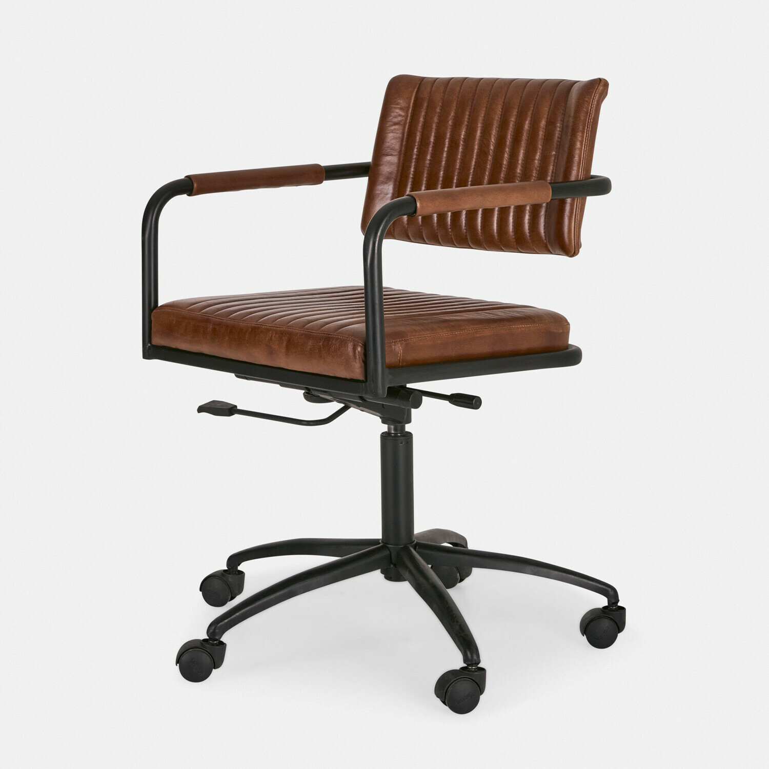 Silla de escritorio Awanian Silla de oficina giratoria de cuero marrón con estructura metálica negra, ajustable y cómoda
