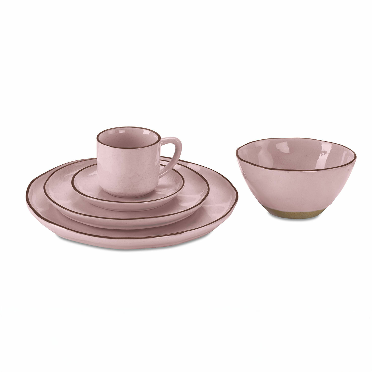 Set de 30 piezas de vajilla Biarré Juego de vajilla de cerámica rosa con taza, platos y bol con borde marrón delicado