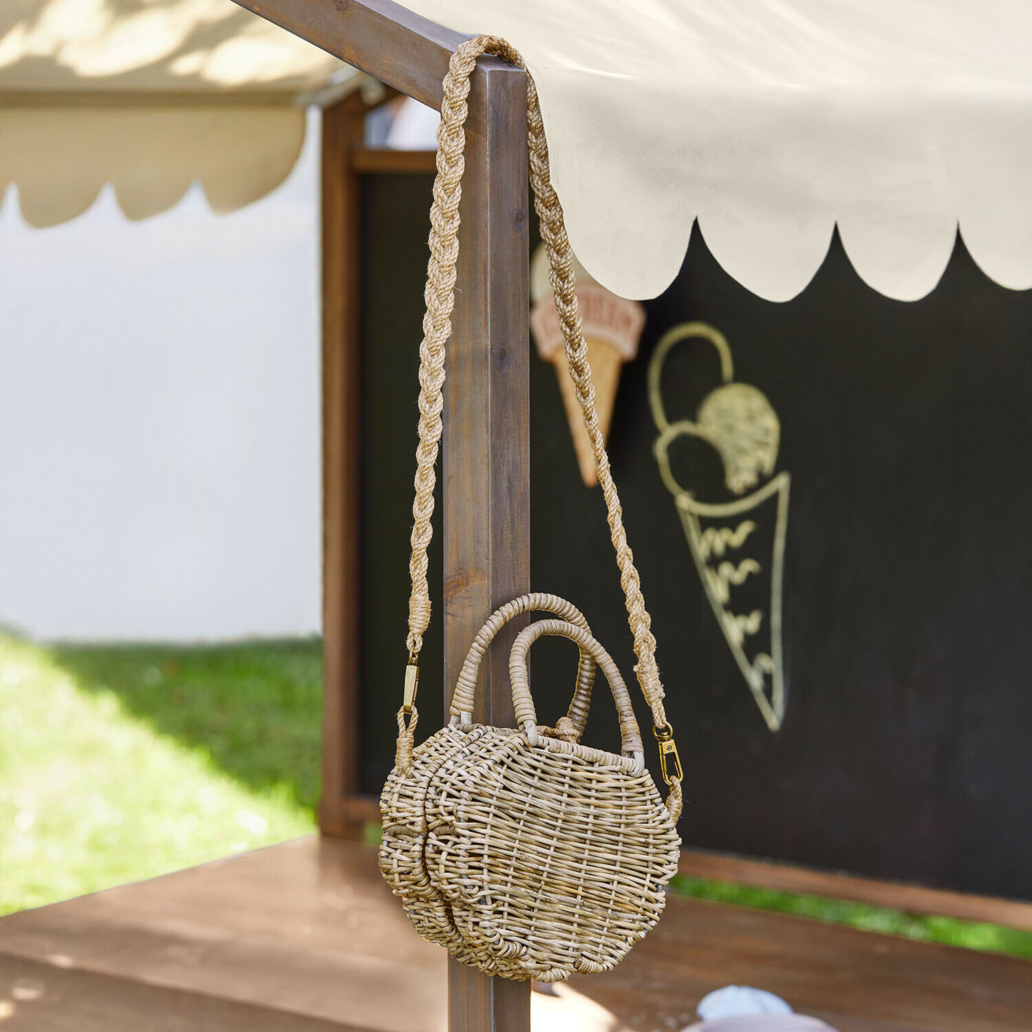Bolso infantil Jibboo Bolso redondo de mimbre natural con correa trenzada larga, estilo bohemio