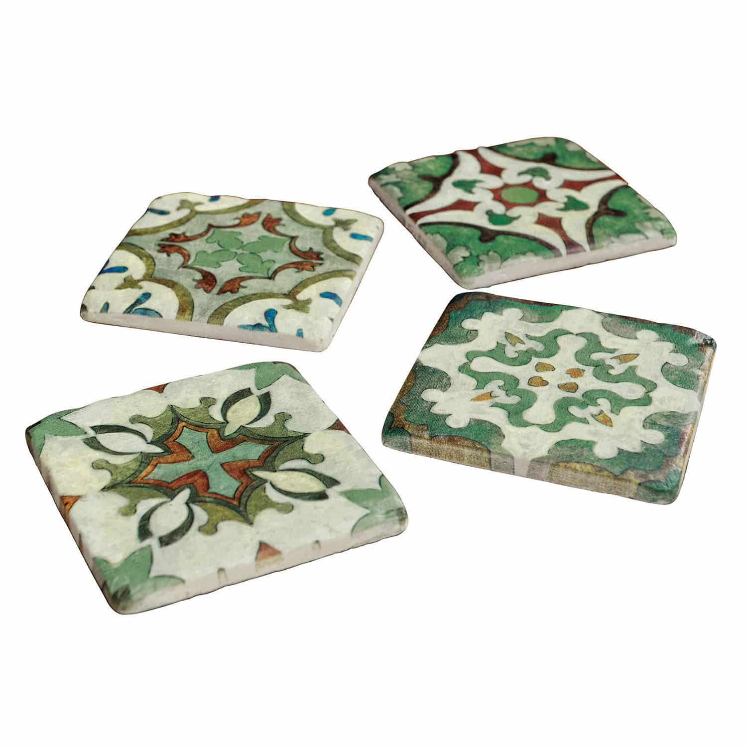 Set de 4 posavasos Angeot Juego de cuatro posavasos de cerámica con diseños verdes y rojos, accesorios decorativos para el hogar
