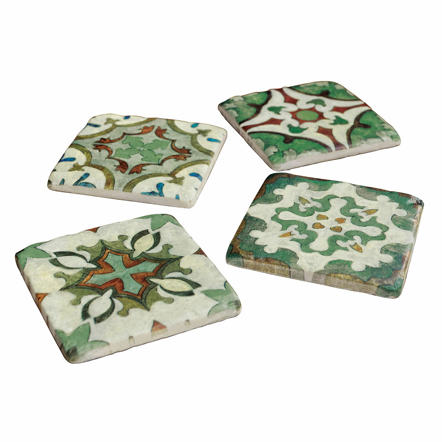 Set de 4 posavasos Angeot Juego de cuatro posavasos de cerámica con diseños verdes y rojos, accesorios decorativos para el hogar