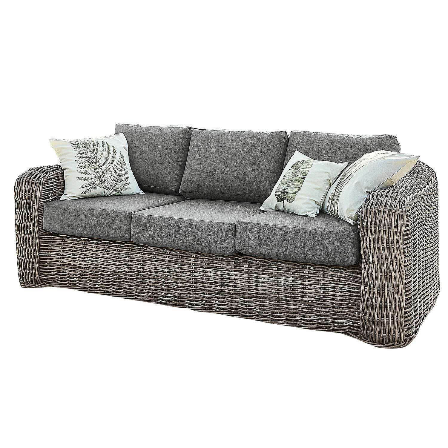 Sofá Upminster Sofá de ratán con cojines grises y cojines decorativos con diseño de hojas, mueble cómodo