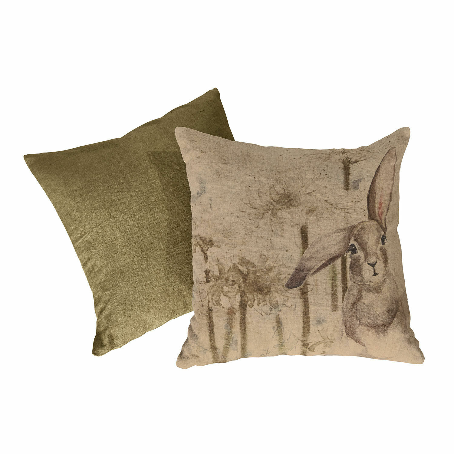 Set de 2 fundas de cojín Milda Conjunto de dos cojines decorativos de lino, uno verde oliva y otro con diseño de conejo y plantas