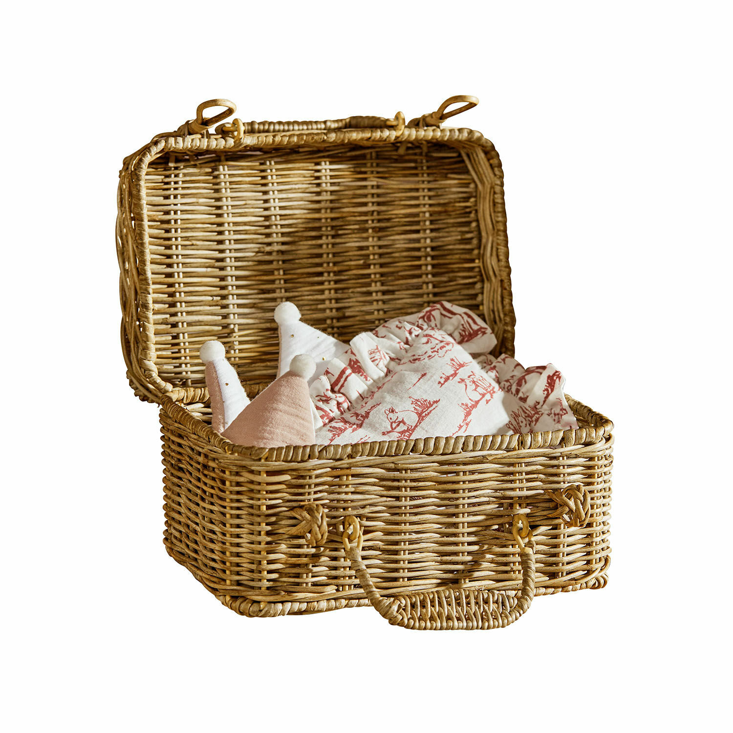 Maleta Fableton Cesta de mimbre abierta con tela estampada en rojo y adornos suaves en colores pastel