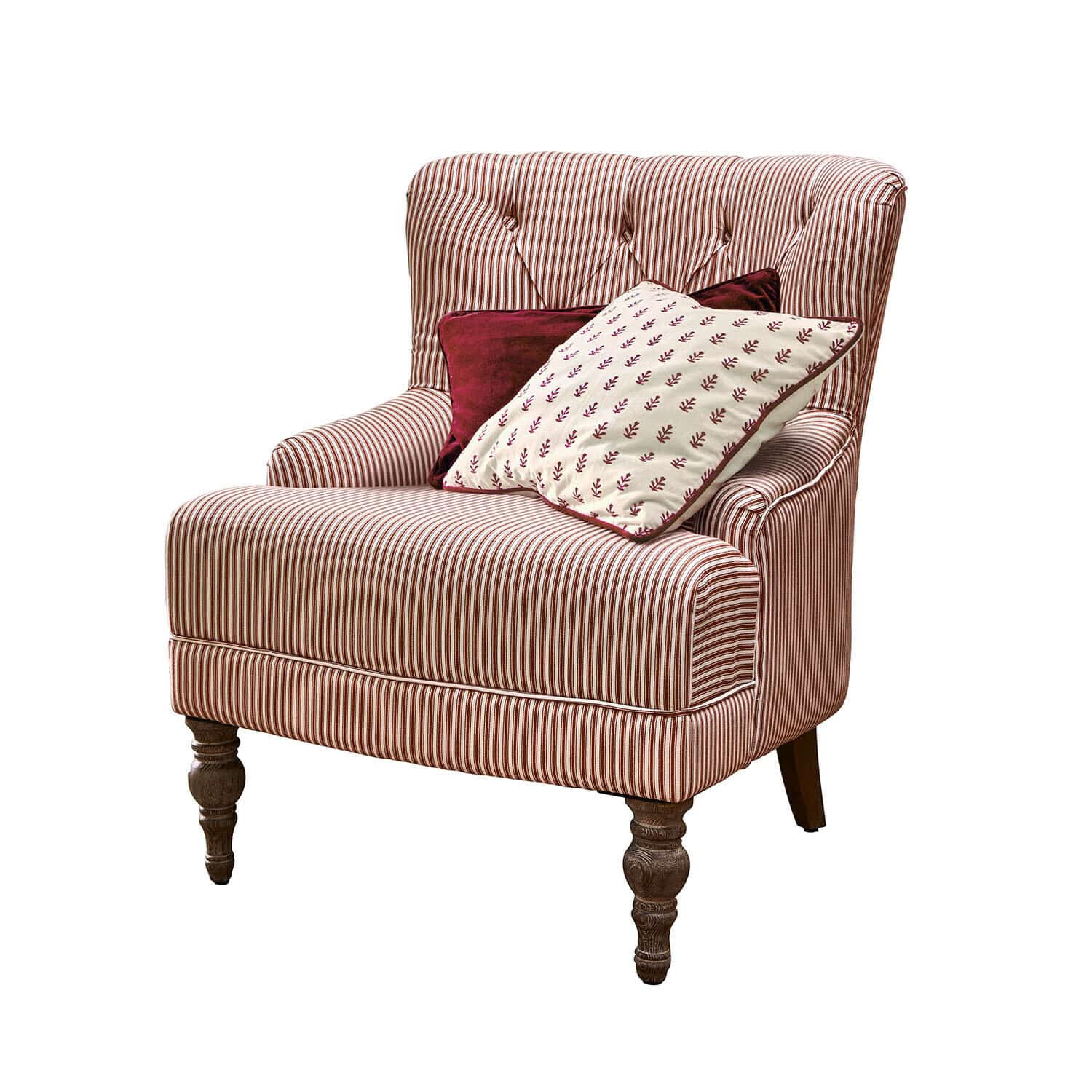 Sillón Amuran Sillón a rayas de tela roja y blanca con patas de madera y dos cojines decorativos