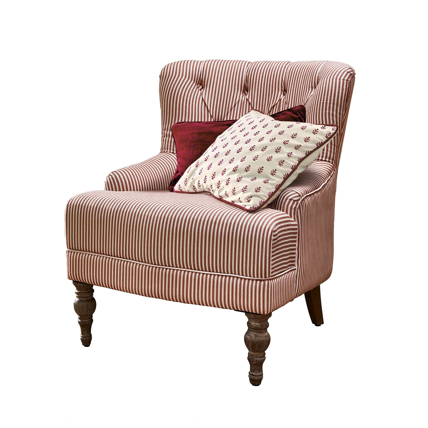 Sillón Amuran Sillón a rayas de tela roja y blanca con patas de madera y dos cojines decorativos