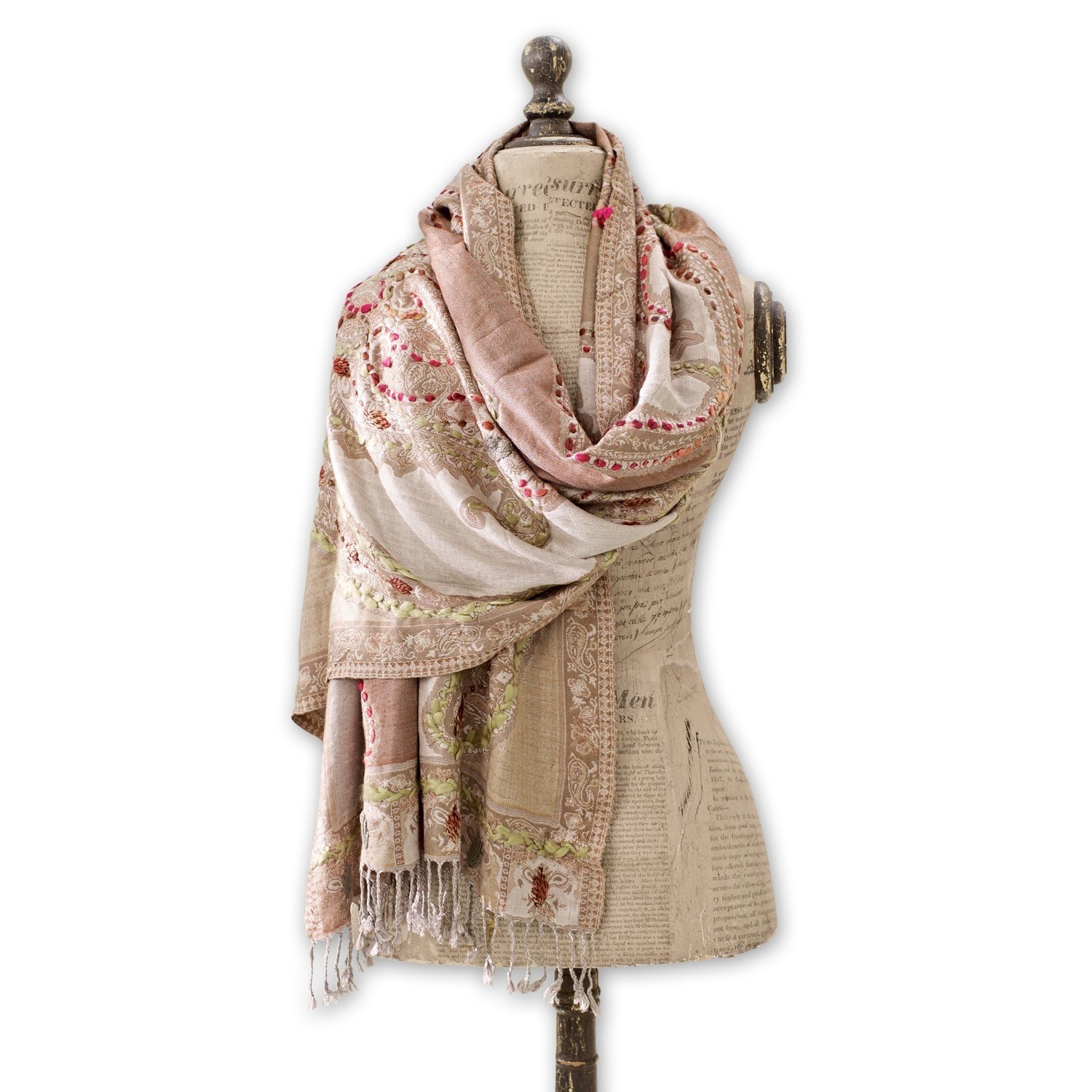 Chal Linou Bufanda beige con diseño paisley y flecos, tejido suave, accesorio de moda