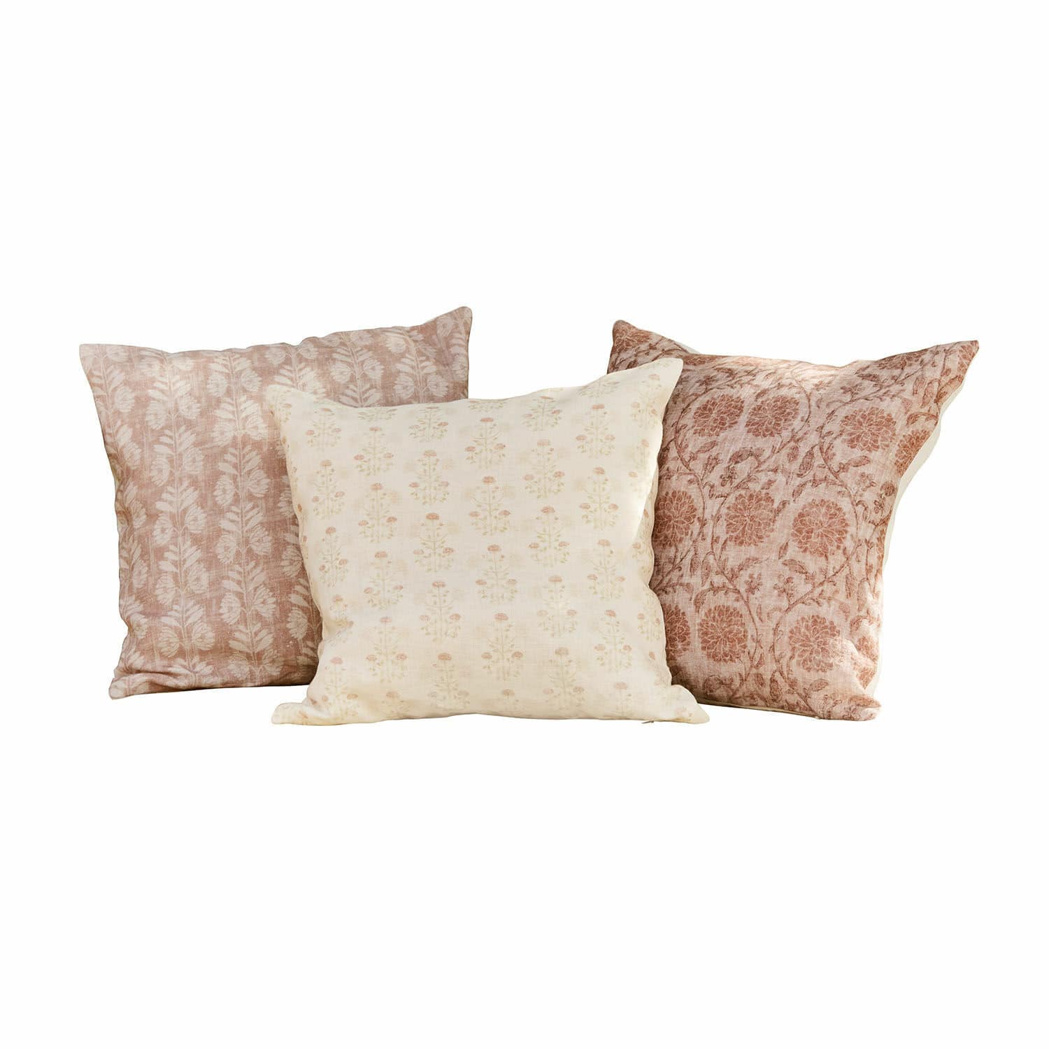 Set de 3 fundas de cojín Tarouja Conjunto de tres cojines decorativos de algodón en beige y marrón con motivos florales para salón