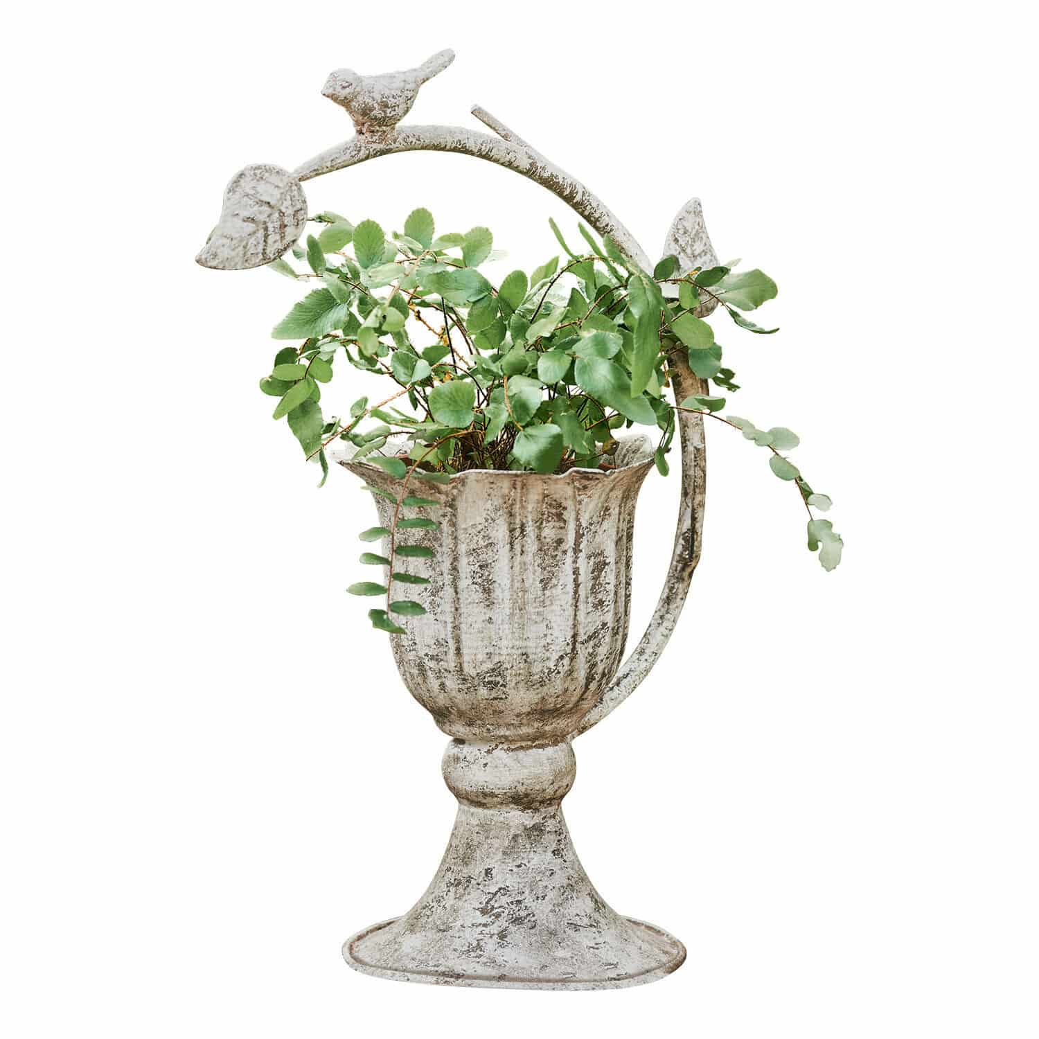Maceta Laria Jarrón decorativo de metal blanco envejecido con hojas verdes y adornos de pájaros metálicos