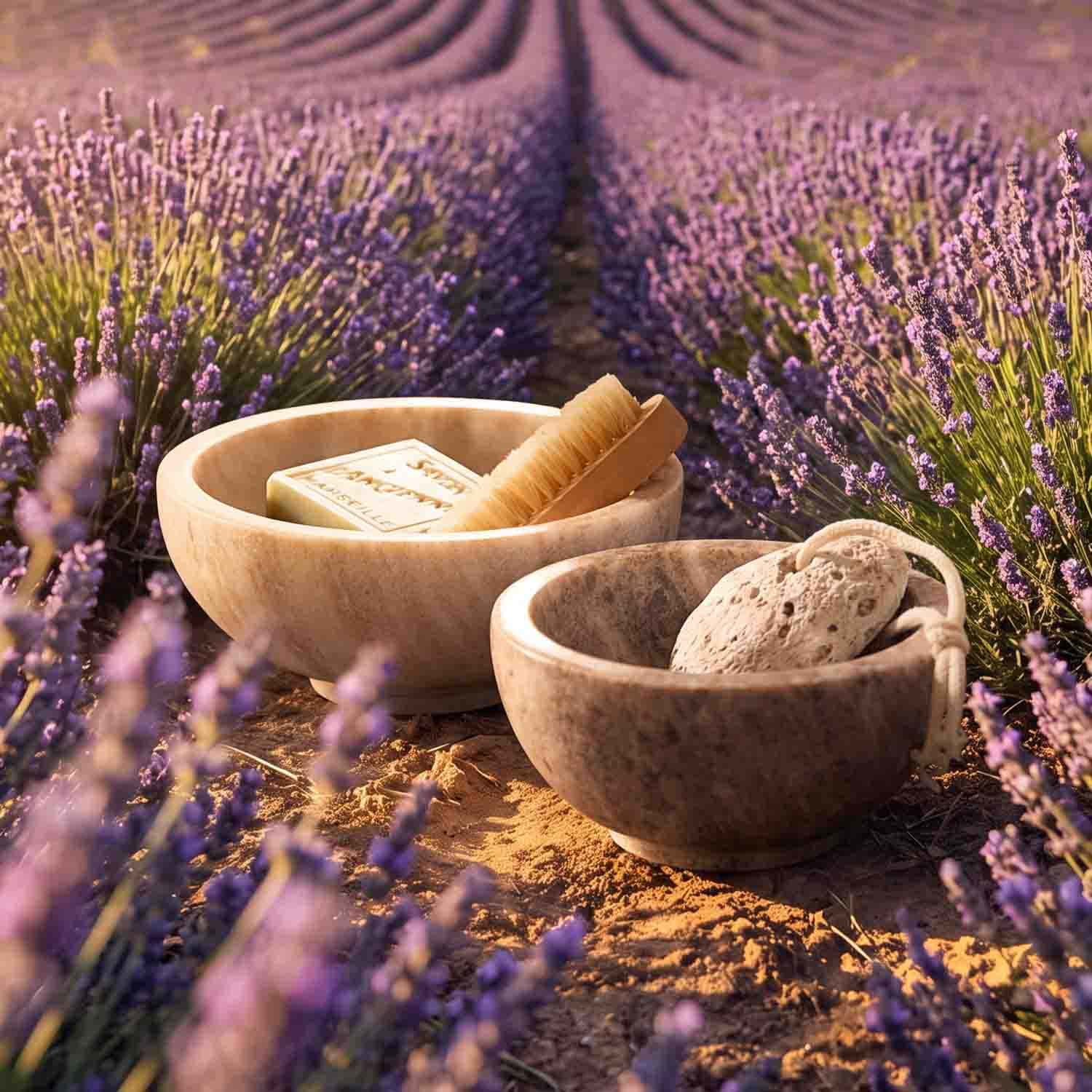 Dos cuencos de mármol con accesorios naturales para baño frente a un campo de lavanda morada